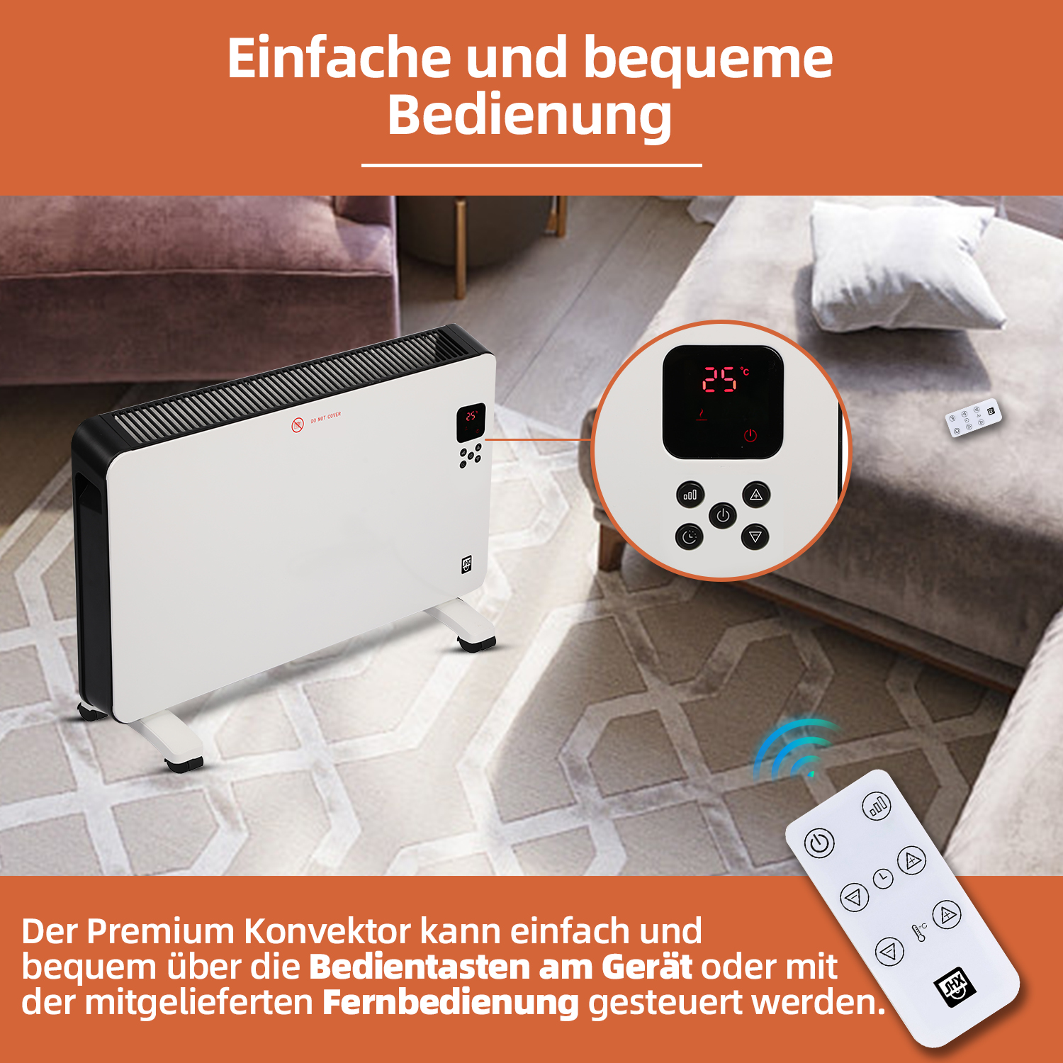 Weißer Heizlüfter mit Fernbedienung, eingestellt auf 25°C. Szene umfasst Sofa und gemusterten Teppich.