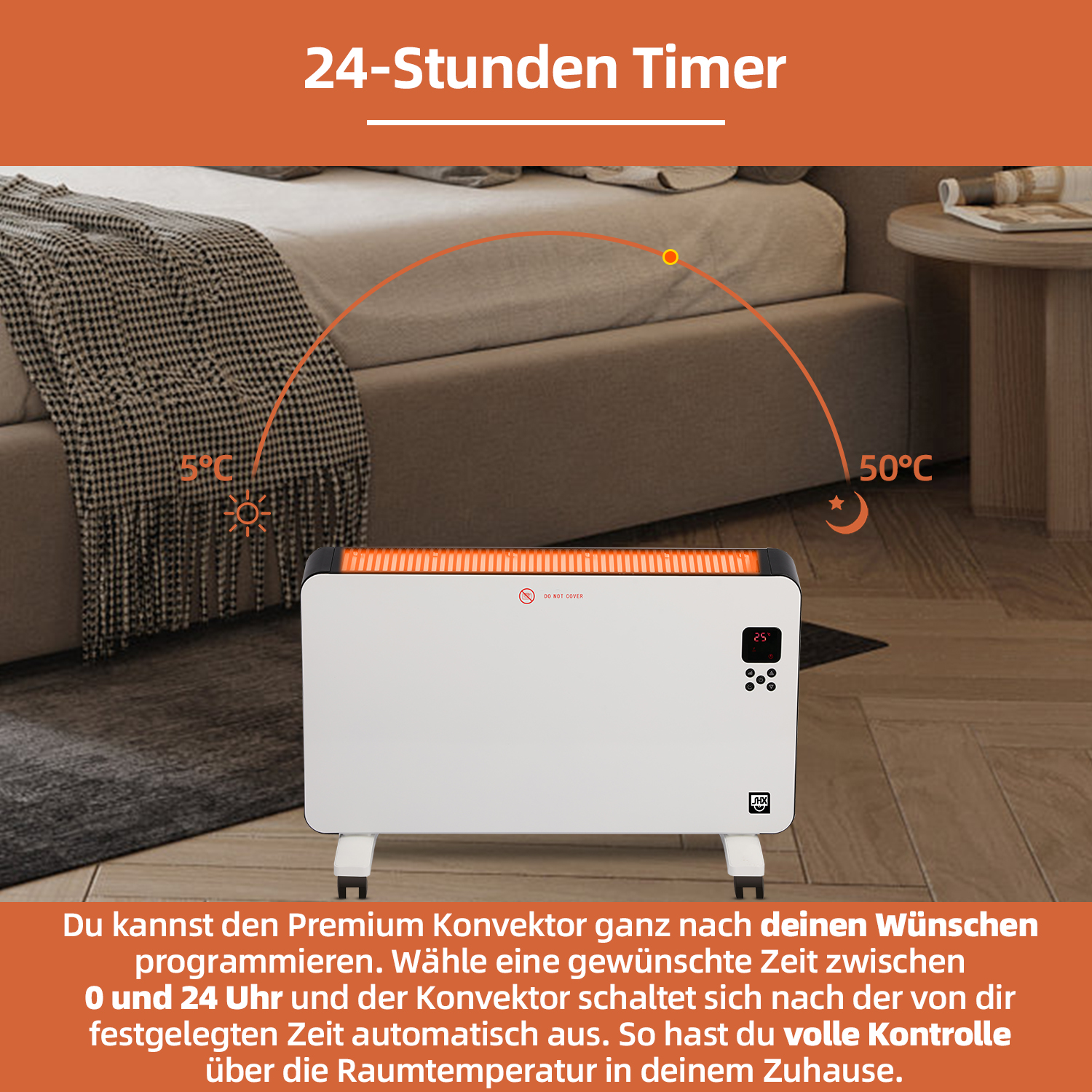 Weißer Heizkörper auf Rädern mit Digitalanzeige. Bett, Teppich und Beistelltisch im Hintergrund. Text: 24-Stunden-Timer.