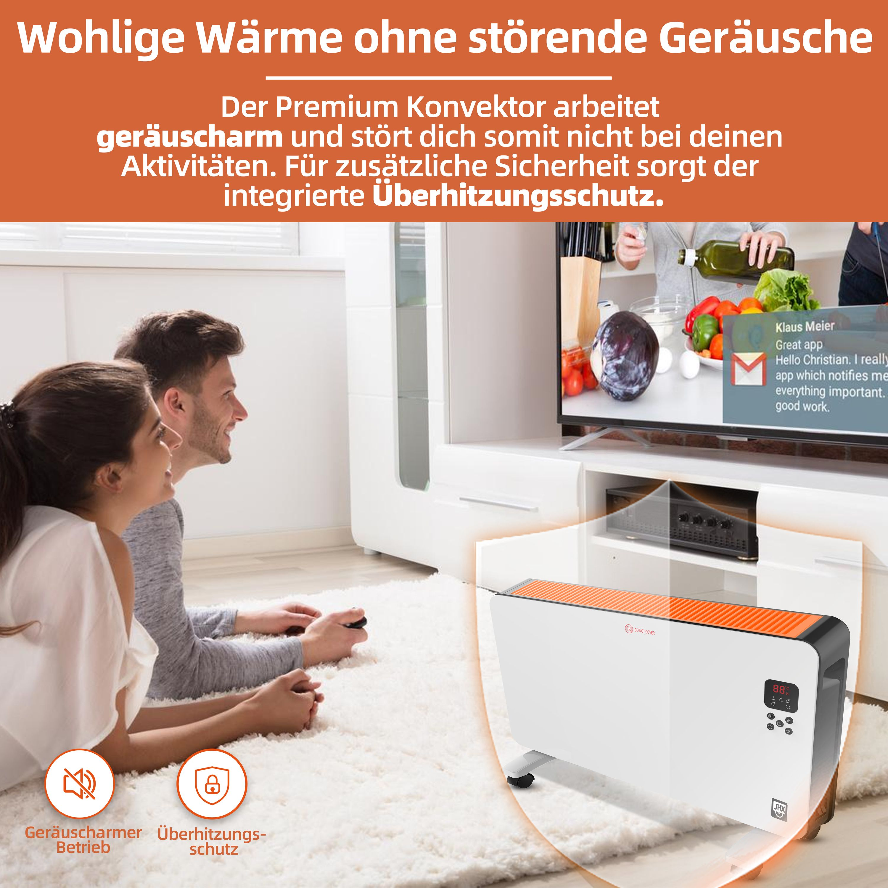 Ein Paar vor einem Fernseher auf einem Teppich, im Vordergrund ein weißer Heizkörper.