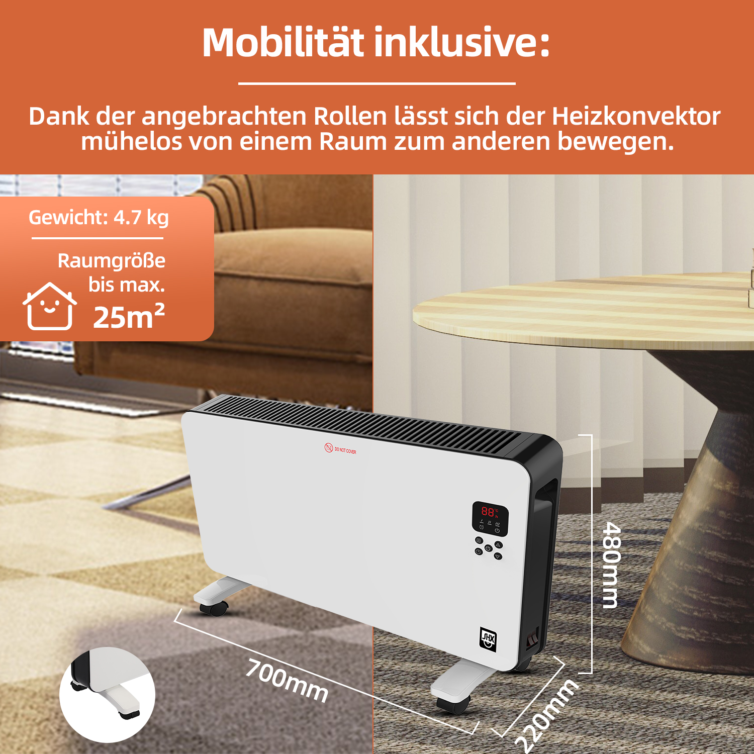 Ein weißer Heizlüfter mit schwarzen Akzenten steht auf dem Boden. Im Hintergrund sind ein Tisch und ein Sofa zu sehen. Text enthält Abmessungen.