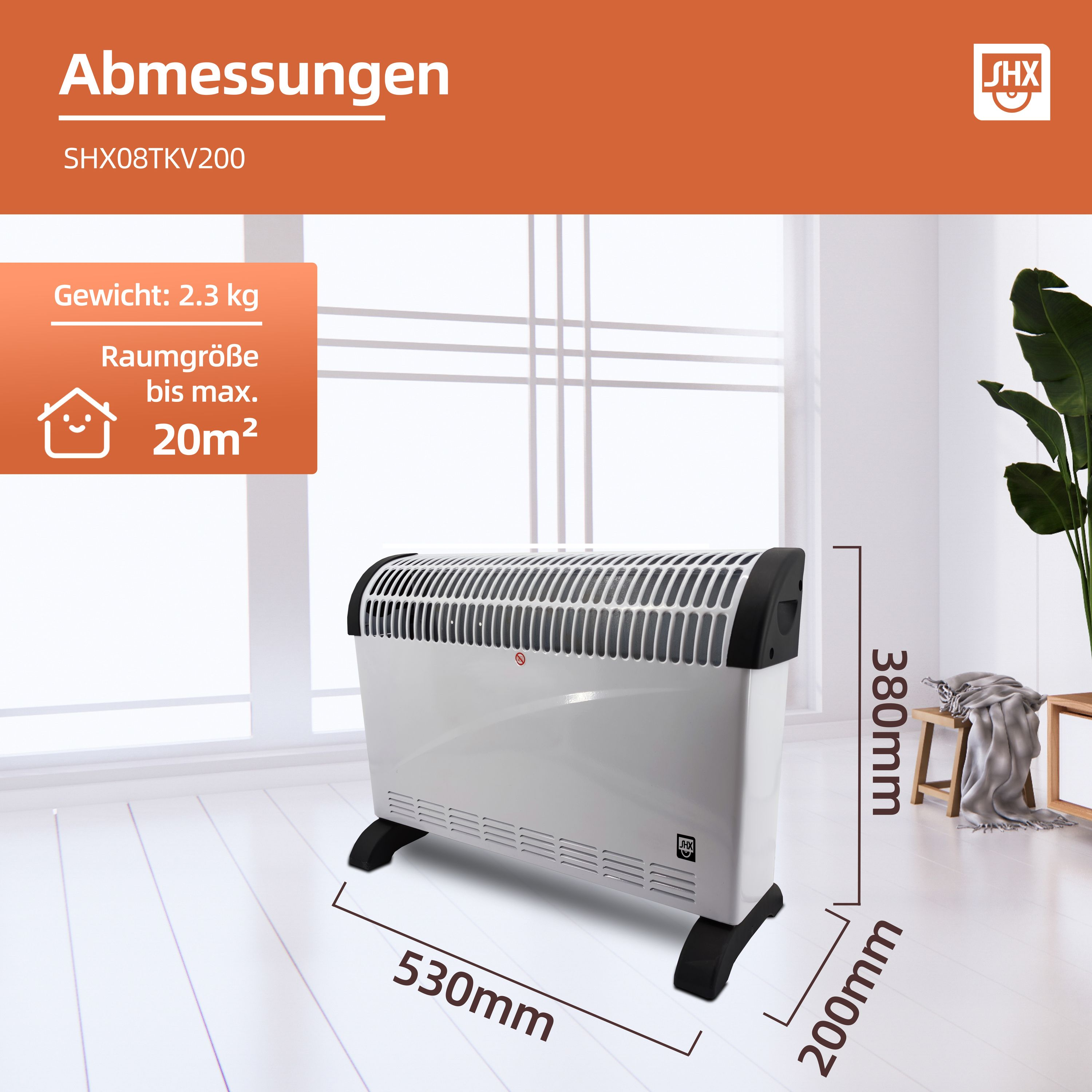 Biało-czarny grzejnik elektryczny z wymiarami, etykietami i logo. W tle okno i roślina.