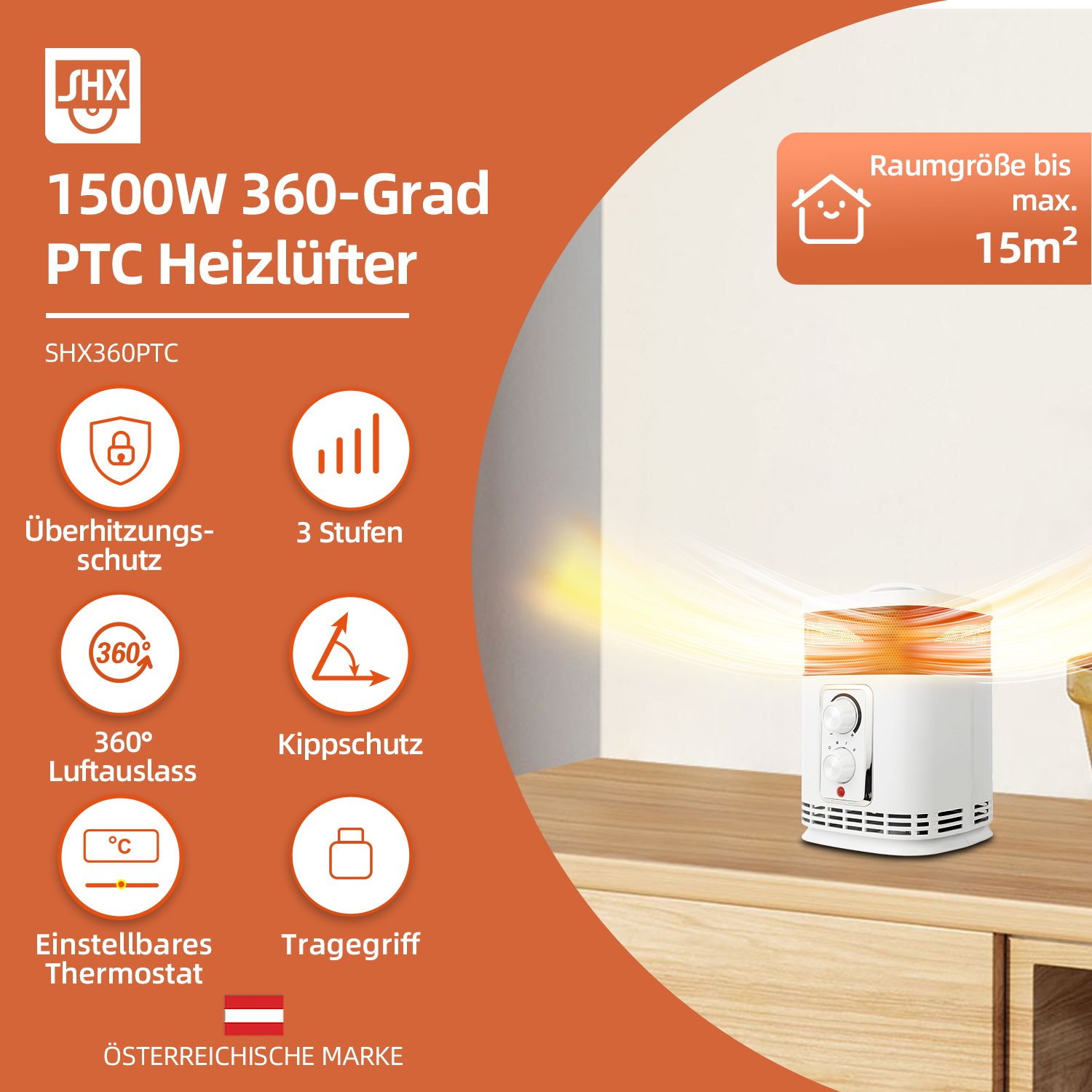 Weißer Elektroheizer auf Holztisch mit orangefarbenem Hintergrund, Text zu Funktionen und einem Haussymbol.