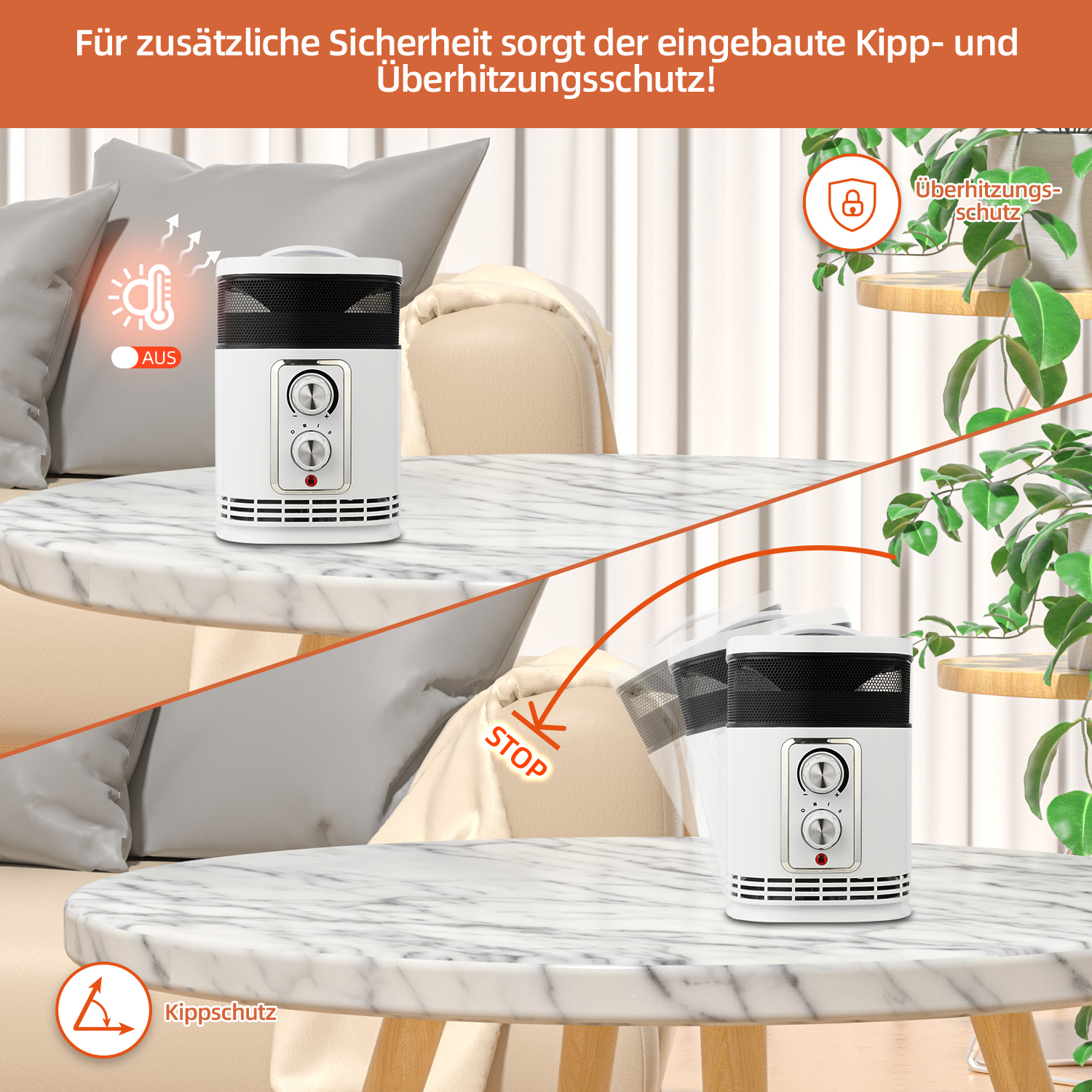 Weißer Heizlüfter auf Marmortisch. Sicherheitsmerkmale dargestellt. Text: Kipp- und Überhitzungsschutz.