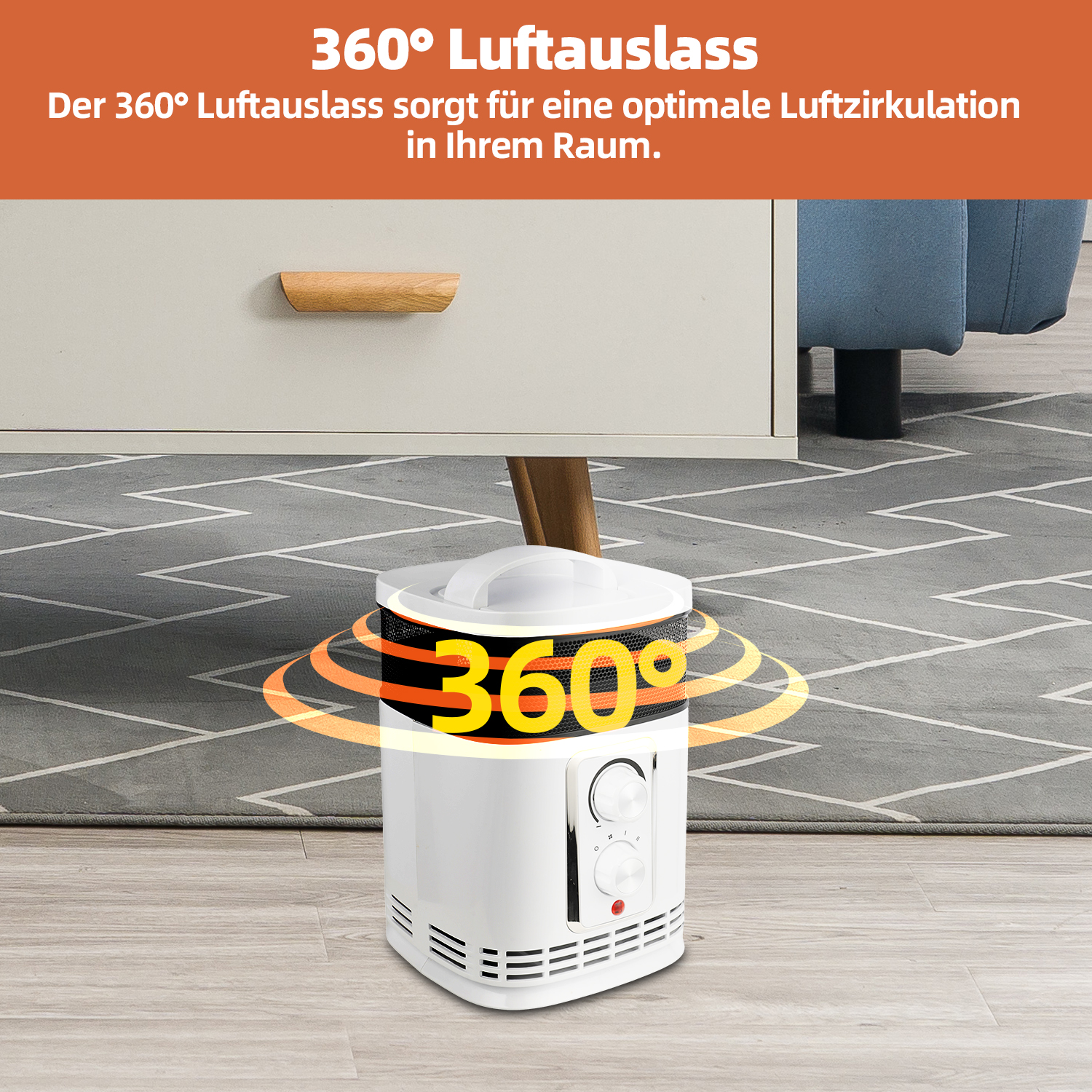 Ein weißer Luftreiniger mit 360-Grad-Luftauslass steht auf einem gemusterten Teppich. Im Hintergrund sind ein Schrank und ein blaues Sofa.