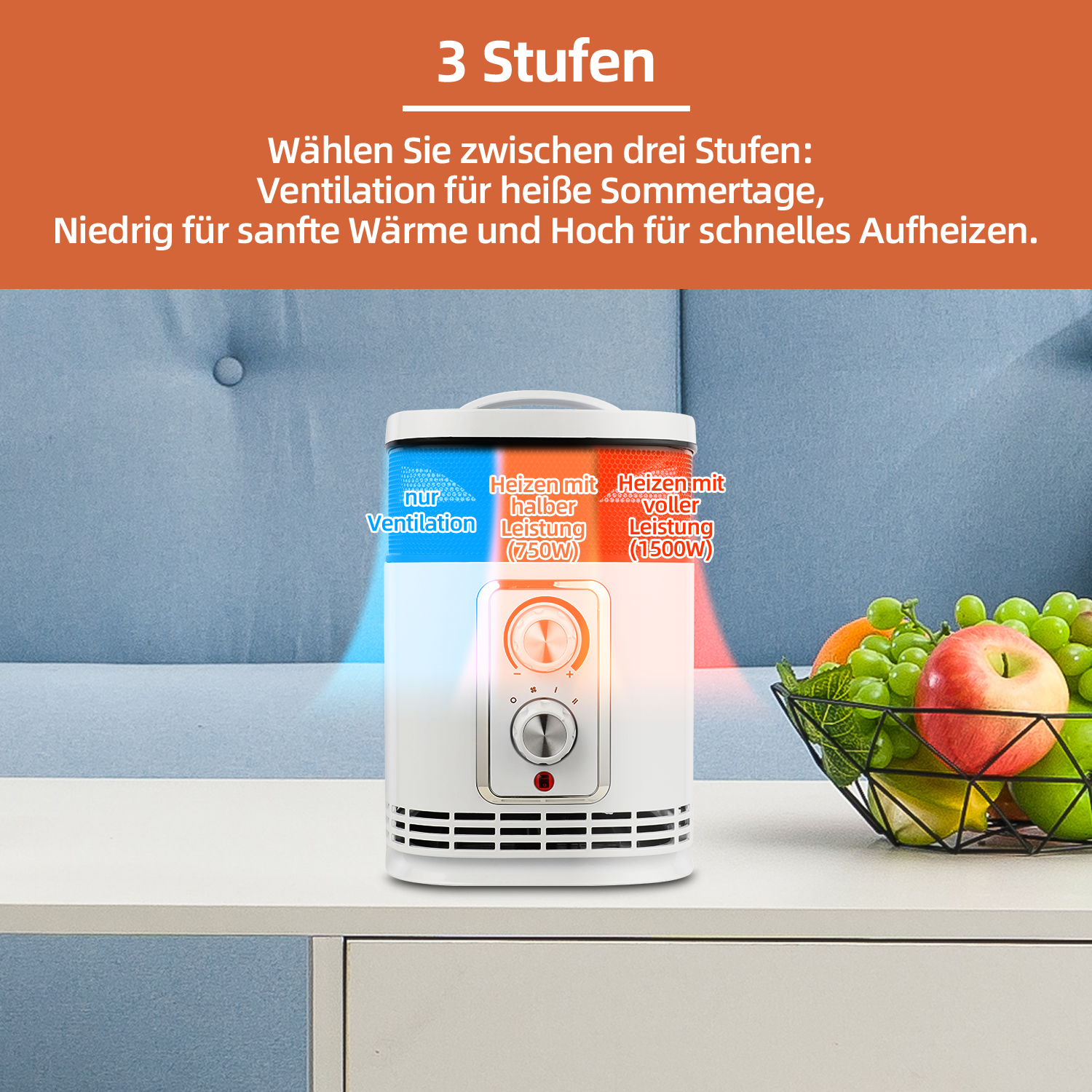 Weißer Heizer mit Einstellungen auf einem weißen Tisch. Daneben ein Obstkorb. Oben steht '3 Stufen'.