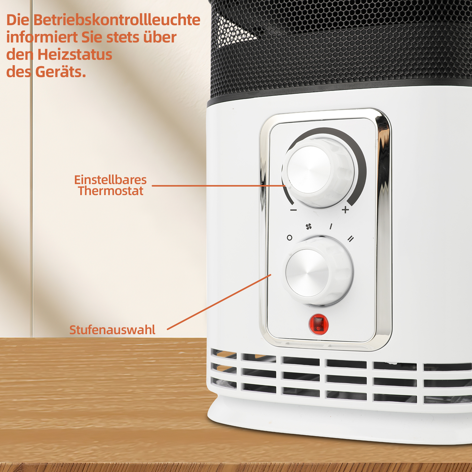 Weißer elektrischer Heizlüfter mit einstellbarem Thermostat und Stufenauswahl auf Holzoberfläche, schwarze Oberseite.