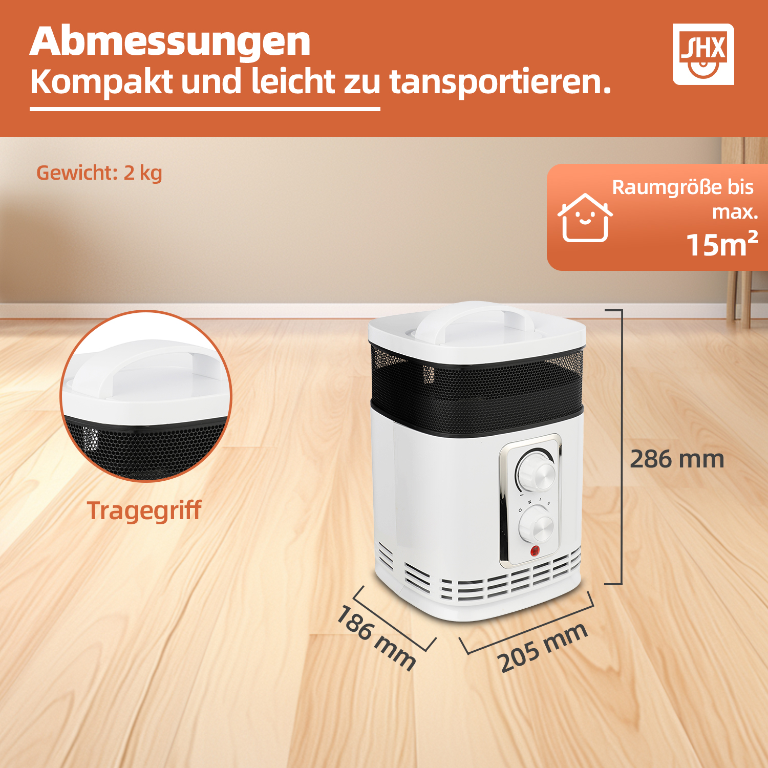 Weiß-schwarzer Elektroheizer. Abmessungen: 186x205x286mm. Gewicht 2kg. Geeignet für Räume bis 15m². Holzfußboden. Oranger Text.