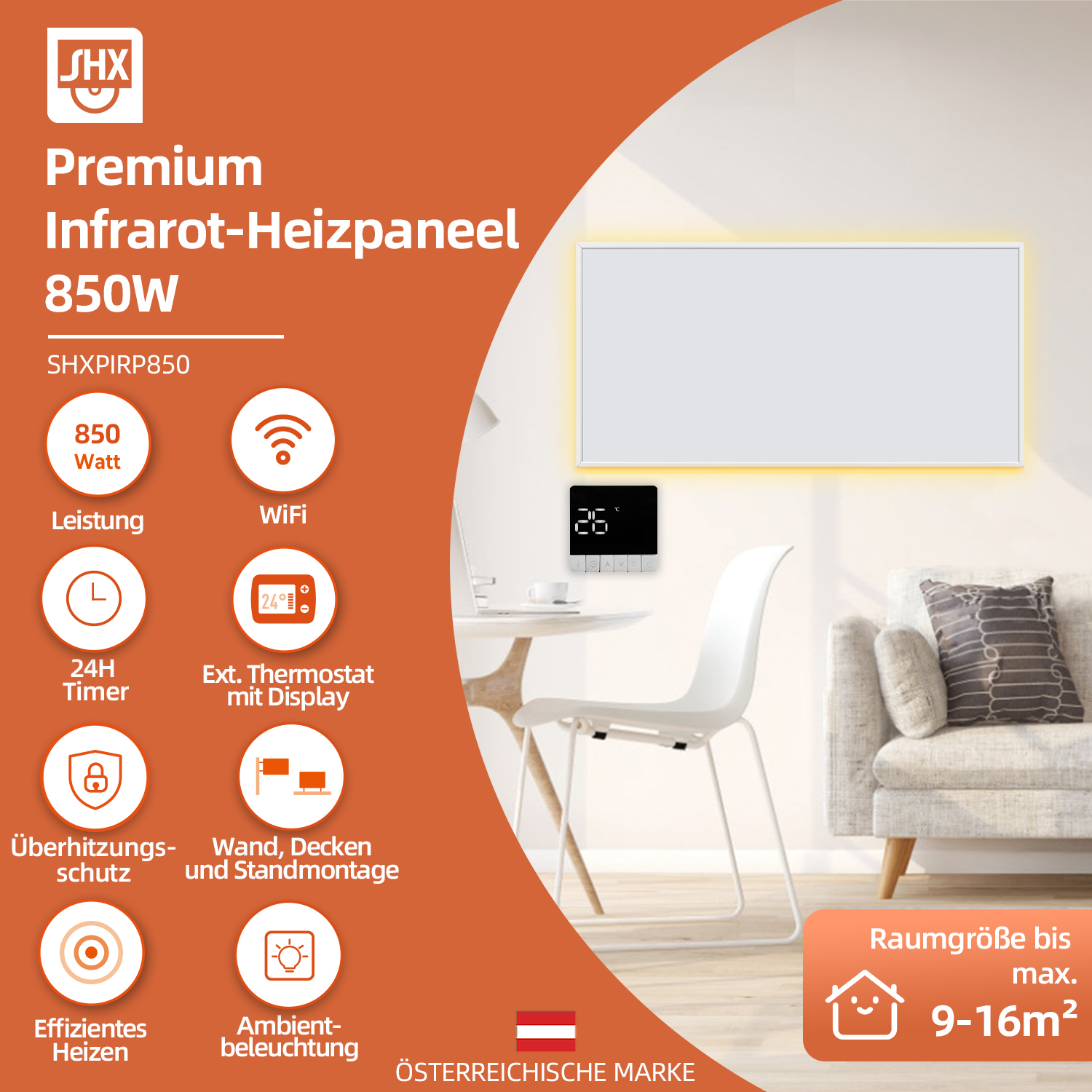Weißes Infrarot-Heizpaneel an der Wand. Merkmale sind Thermostat, Symbole und ein Raum mit Sofa und Stuhl.