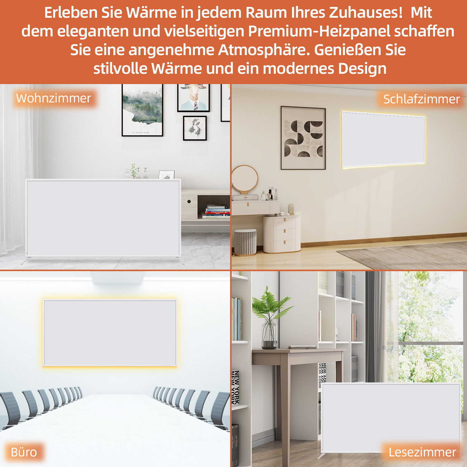Das Bild zeigt Heizpaneele in vier verschiedenen Räumen: Wohnzimmer, Schlafzimmer, Büro und Leseraum, jeweils mit Textbeschriftungen.