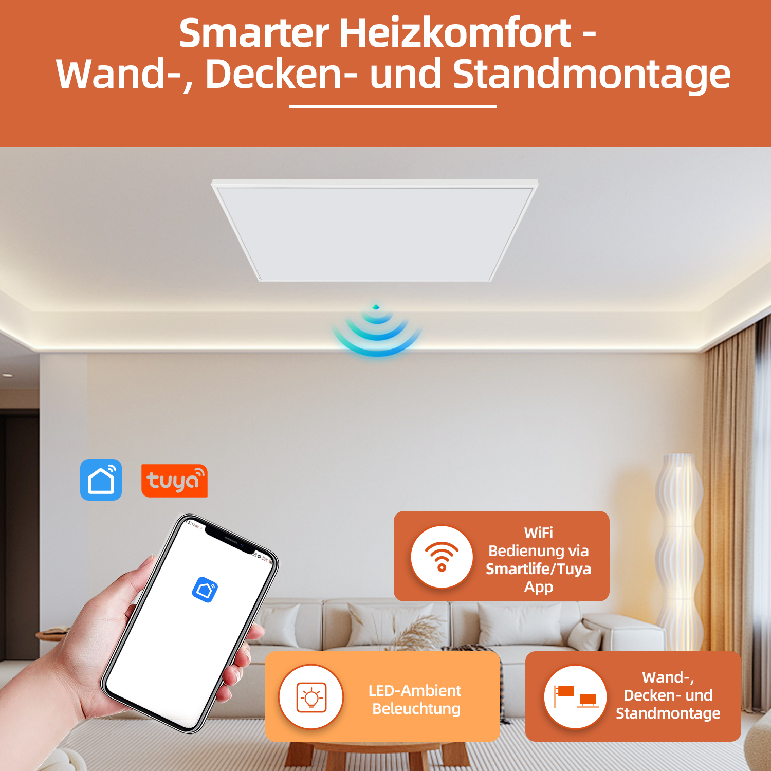 Ein Smart-Home-Gerät an der Decke. Ein Telefon wird zur Steuerung verwendet. Textbeschriftungen sind sichtbar.