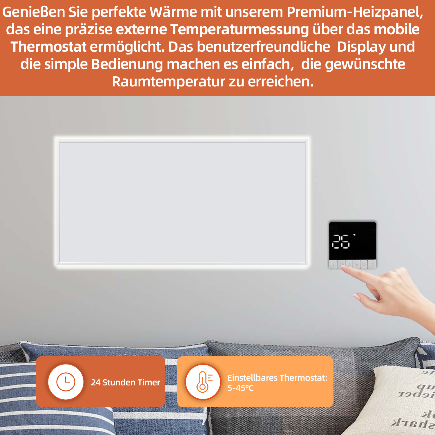 Eine Hand berührt ein Thermostat, das 26 Grad Celsius anzeigt. Auf der Wand befindet sich eine weiße Tafel. Text erwähnt einen 24-Stunden-Timer und Thermostat.