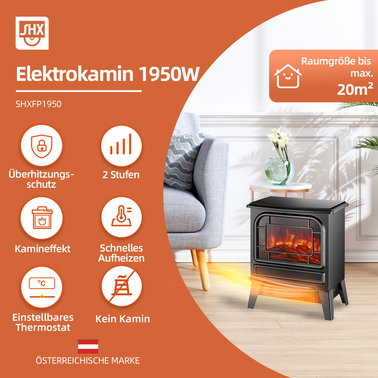 Schwarzer Elektrokamin mit orangefarbenem Flammeneffekt. Merkmale: Überhitzungsschutz, einstellbarer Thermostat, kein Kamin. Szene: Wohnzimmer.