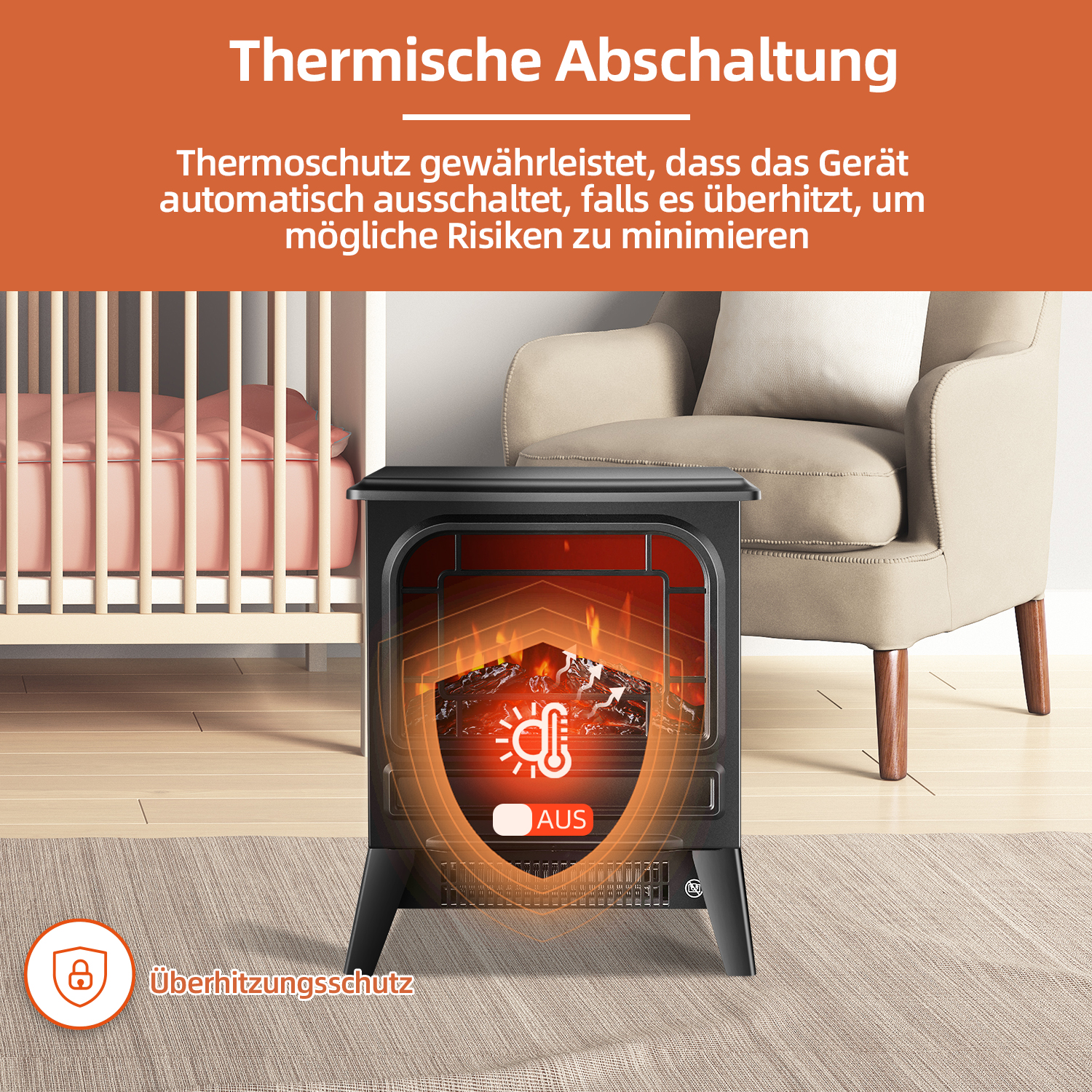 Schwarzer elektrischer Kamin mit Feuereffekt vor einem Kinderbett und einem Stuhl. Der Text sagt thermische Abschaltung.