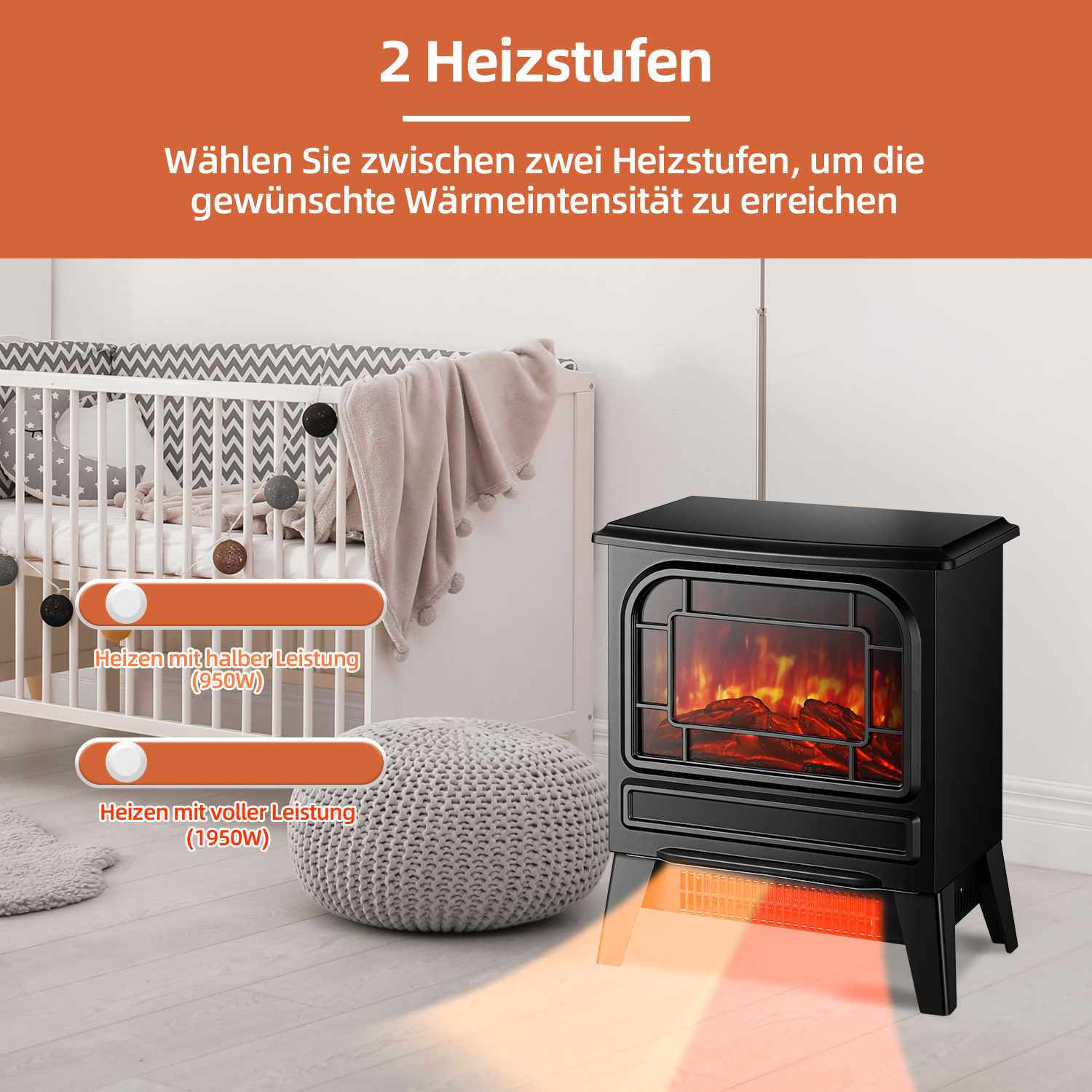 Ein schwarzer elektrischer Kamin in einem Raum, mit einem Kinderbett, Pouf und Text über Heizstufen.