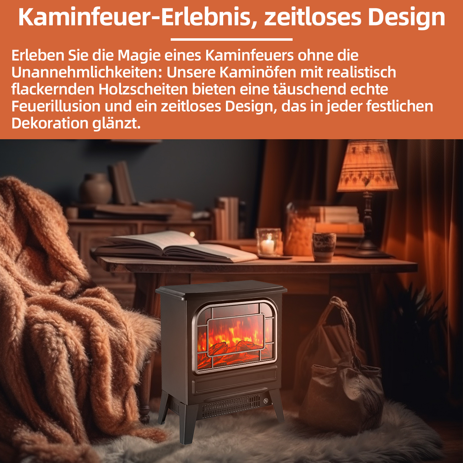 Ein schwarzer Kamin mit Feuereffekt steht in einem Raum mit Decke, Tisch und Lampe.