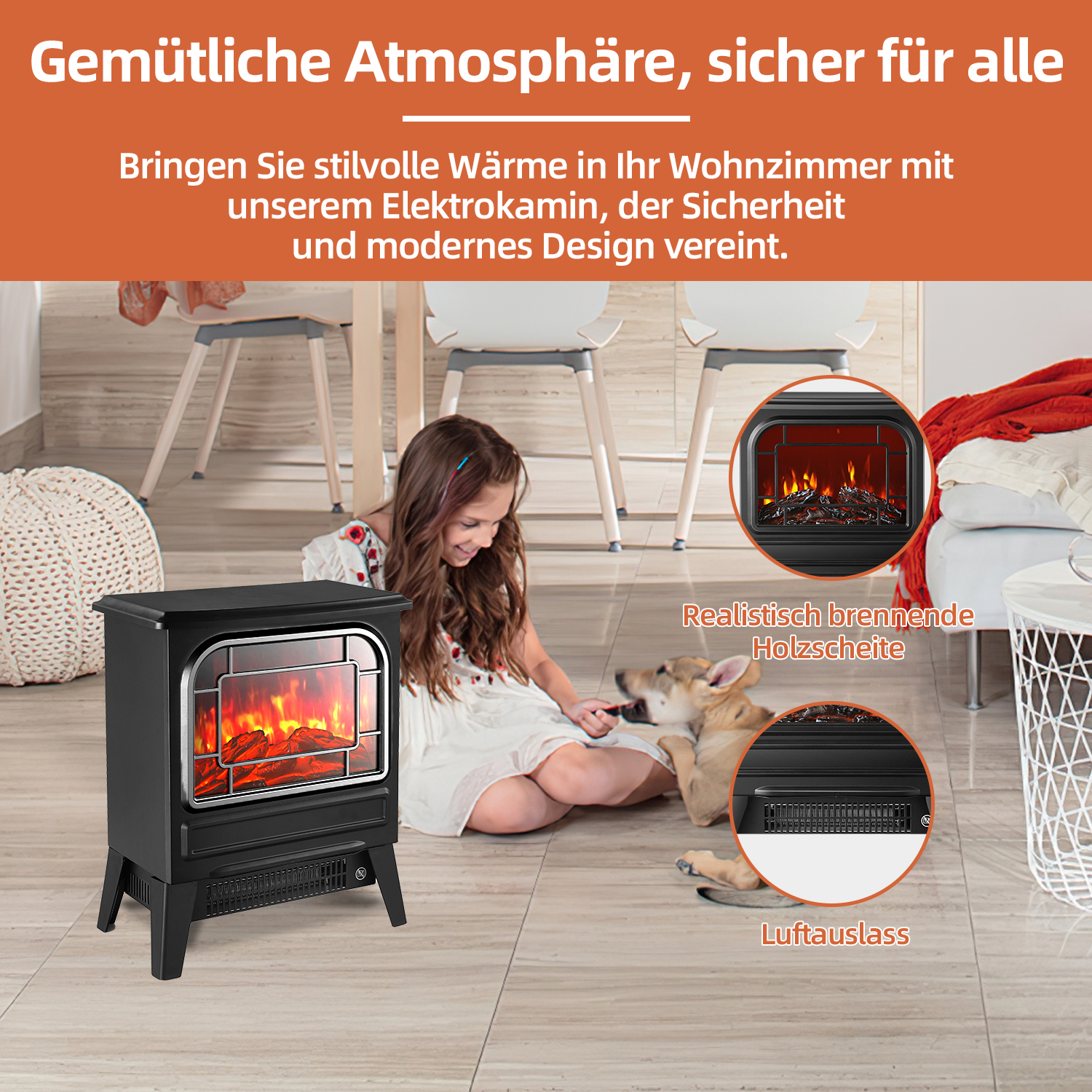 Ein Mädchen, ein Hund und ein schwarzer Elektrokamin mit realistischer Feueroptik in einem Wohnzimmer.