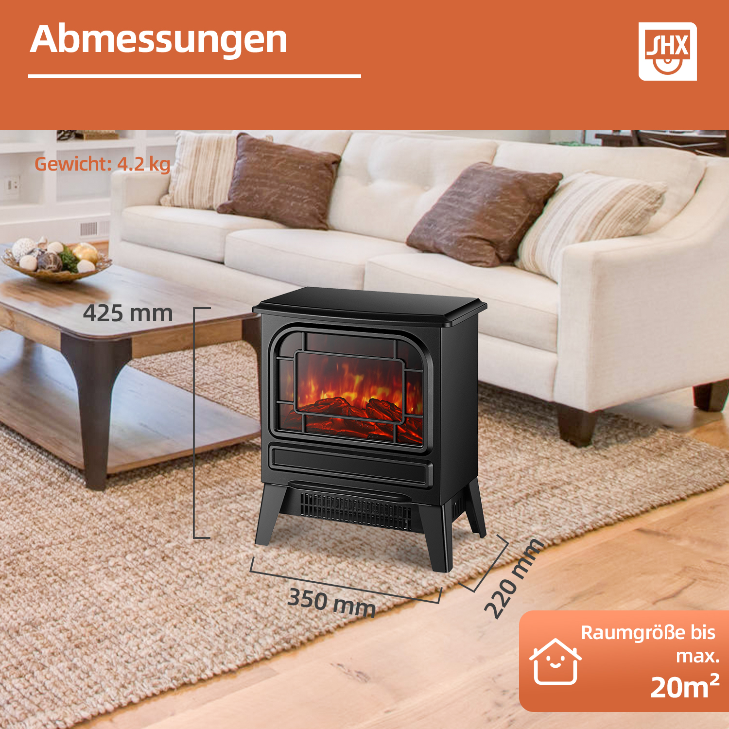 Schwarzer Elektro-Kamin mit Flammeneffekt, in einem Raum mit Sofa, Tisch und Teppich. Abmessungen werden gezeigt.