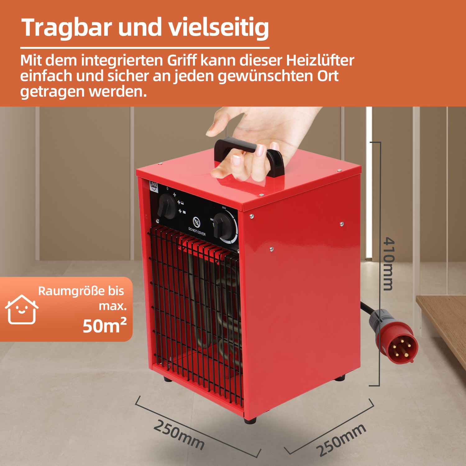 Roter tragbarer Heizlüfter mit schwarzem Griff, Maße gezeigt. Text zeigt 50m² Raumgröße. Hand hält Griff.