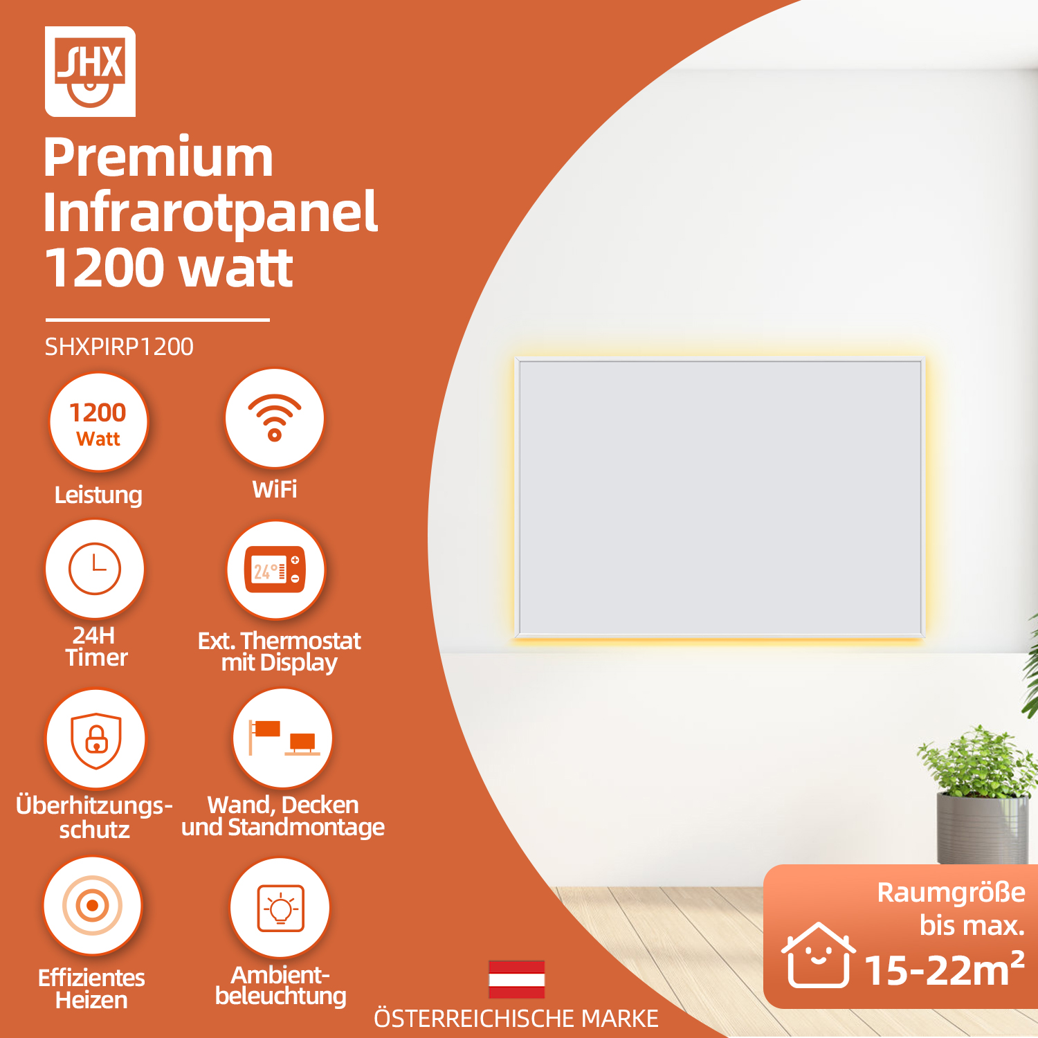 Werbung für Infrarotpaneele. Es zeigt Funktionen, Wattzahl und Raumgröße. Der Hintergrund ist eine weiße Wand mit einer kleinen Pflanze.