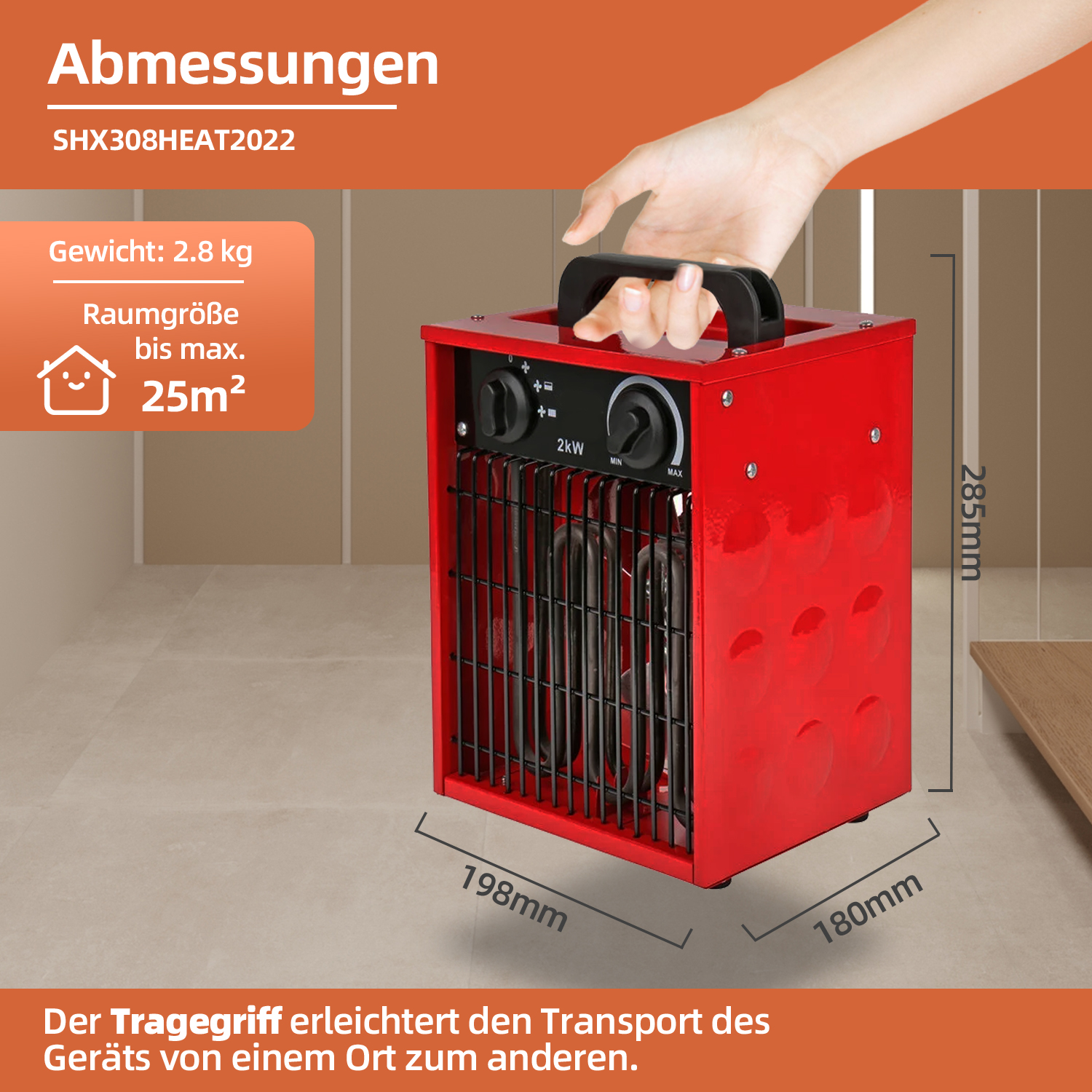 Ein roter Elektroheizer wird von einer Hand gehalten. Es hat schwarze Bedienelemente und einen Griff. Abmessungen und Gewicht sind angegeben.