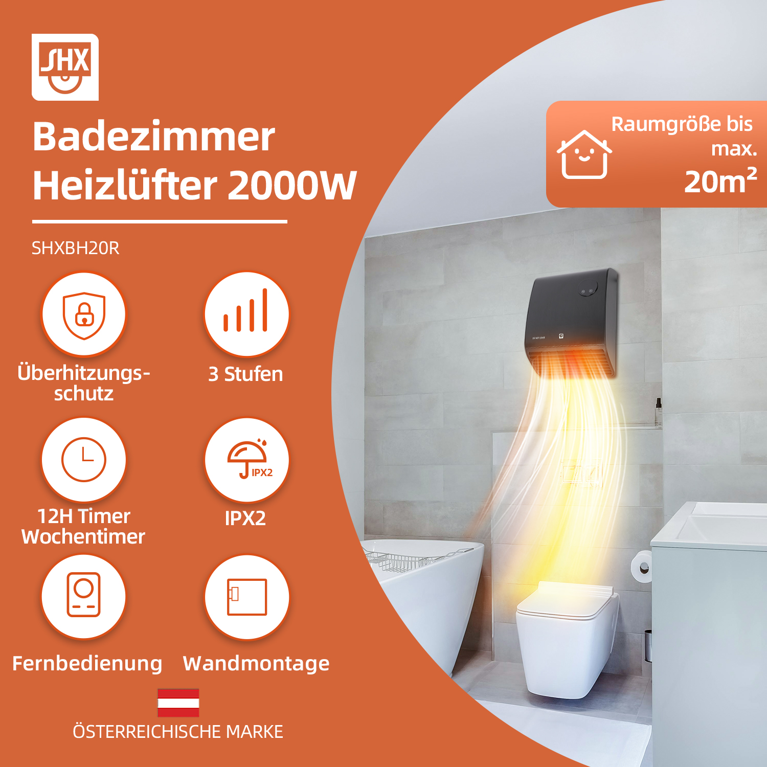 Badezimmerheizung mit Überhitzungsschutz, Timer, Fernbedienung und Wandmontage. Enthält Symbole und Details zum Heizgerät.
