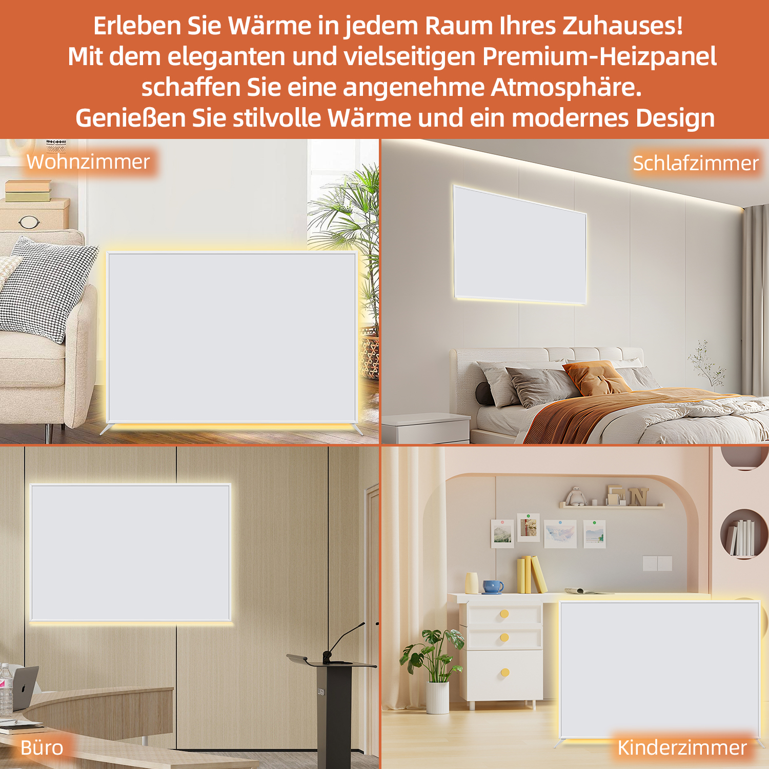 Das Bild zeigt vier Räume: Wohnzimmer, Schlafzimmer, Büro und Kinderzimmer. Jedes hat einen weißen Heizkörper mit gelbem Schein.