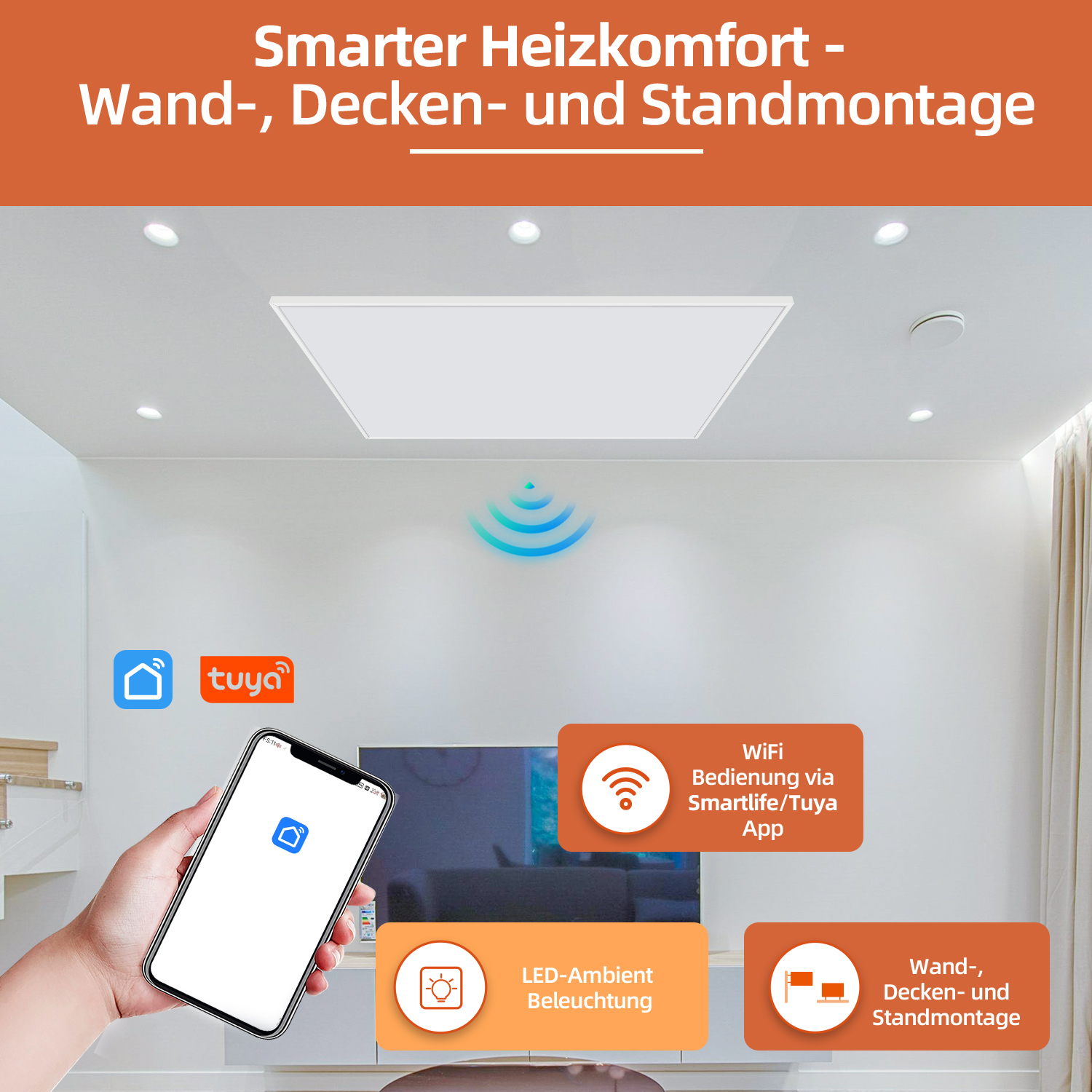 Person mit Smartphone und Smart-Home-App. Deckenheizung im Hintergrund. Text erwähnt WLAN und Smart-Home-App.