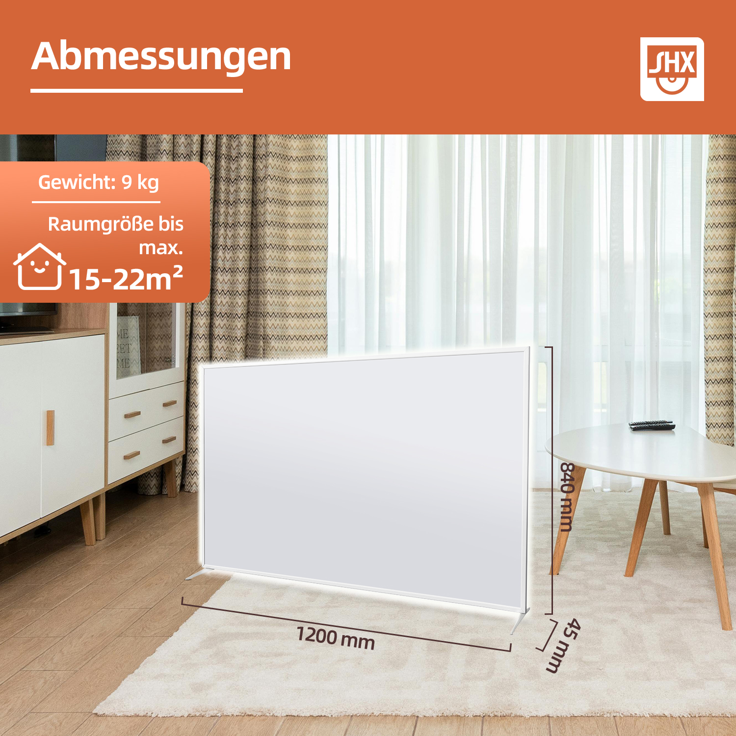 Ein weißer Heizkörper in einem Raum. Abmessungen: 1200 mm x 840 mm x 45 mm. Gewicht: 9 kg. Geeignet für 15-22 m².
