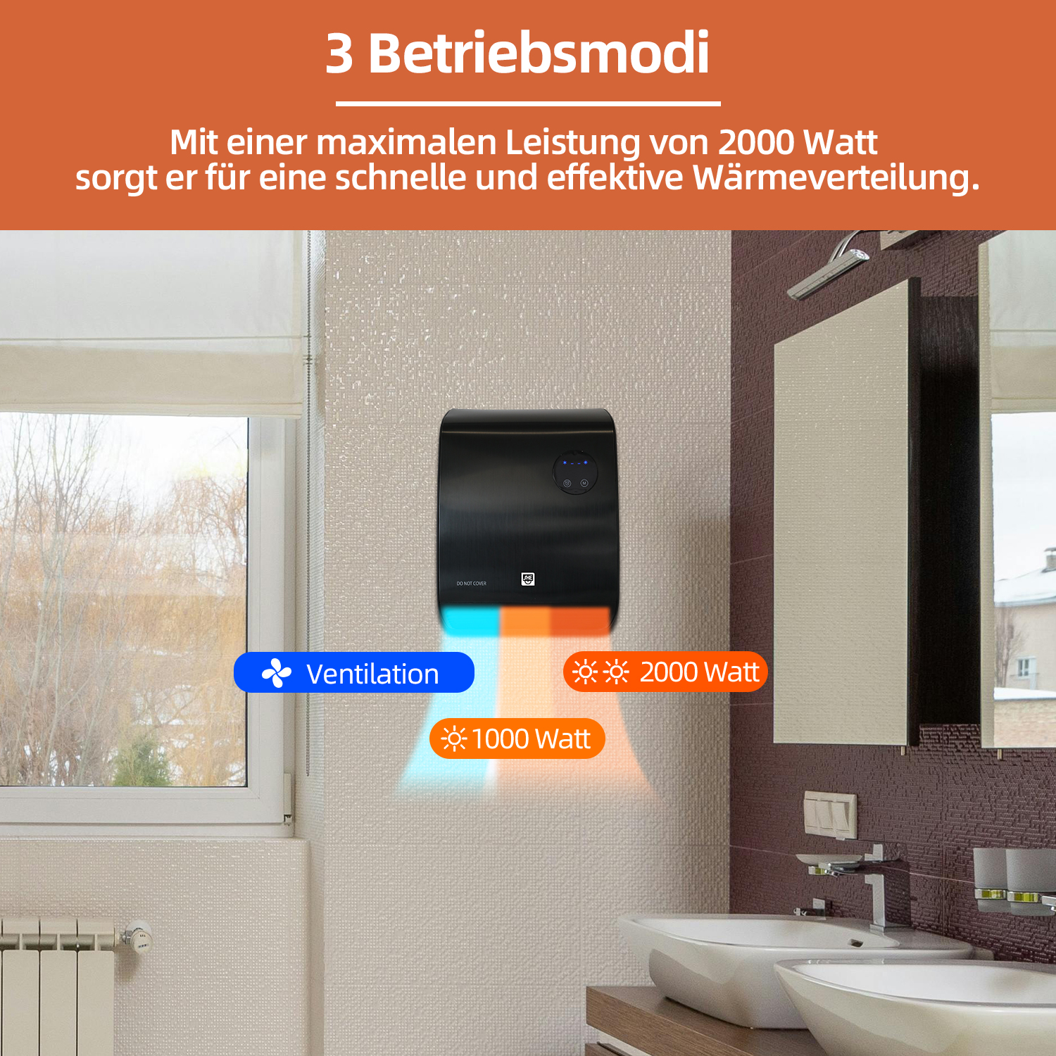 Ein Badezimmer mit Heizung, das Lüftung, 1000W und 2000W Einstellungen zeigt. Enthält Fenster, Waschbecken und Spiegel.