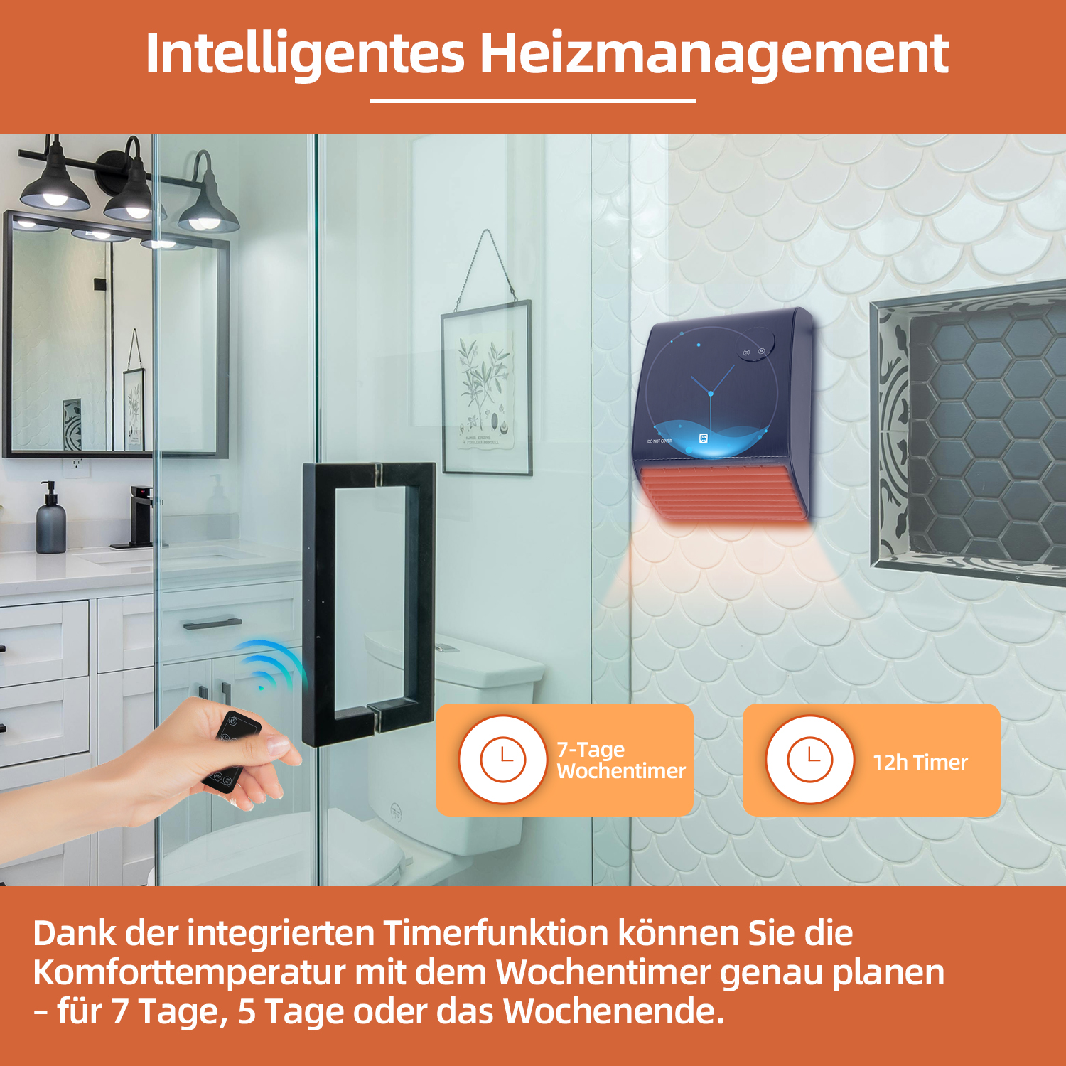 Eine Hand hält eine Fernbedienung vor einer Dusche. Ein intelligenter Heizkörper mit Timer-Symbolen an der Wand.