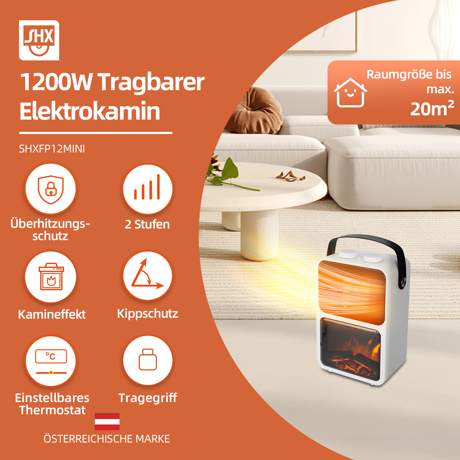 Weißer elektrischer Kamin mit Flammeneffekt. Er befindet sich in einem Wohnzimmer mit Sofa und Tisch und hat den Text '1200W' und '20m²'.