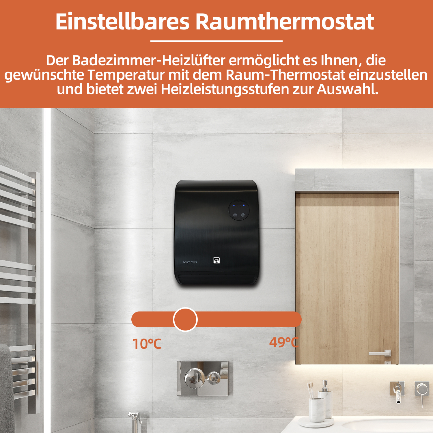 Badezimmer mit schwarzem Heizgerät, Temperaturregelung und Holztür. Graue Fliesen und ein Waschbecken vervollständigen den modernen Look.