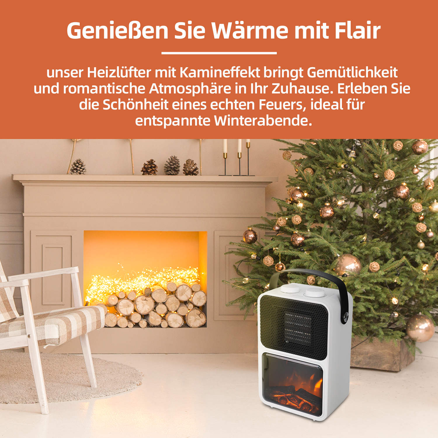 Weißer Heizlüfter mit Kamineffekt, vor einem geschmückten Weihnachtsbaum und einem Kamin. Stuhl links.