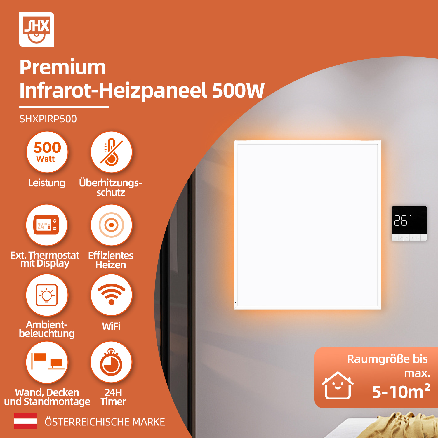 Biały panel grzewczy na podczerwień z wyświetlaczem sterowania, pomarańczowe tło z ikonami funkcji, tekst: Premium Infrarot-Heizpaneel 500W.