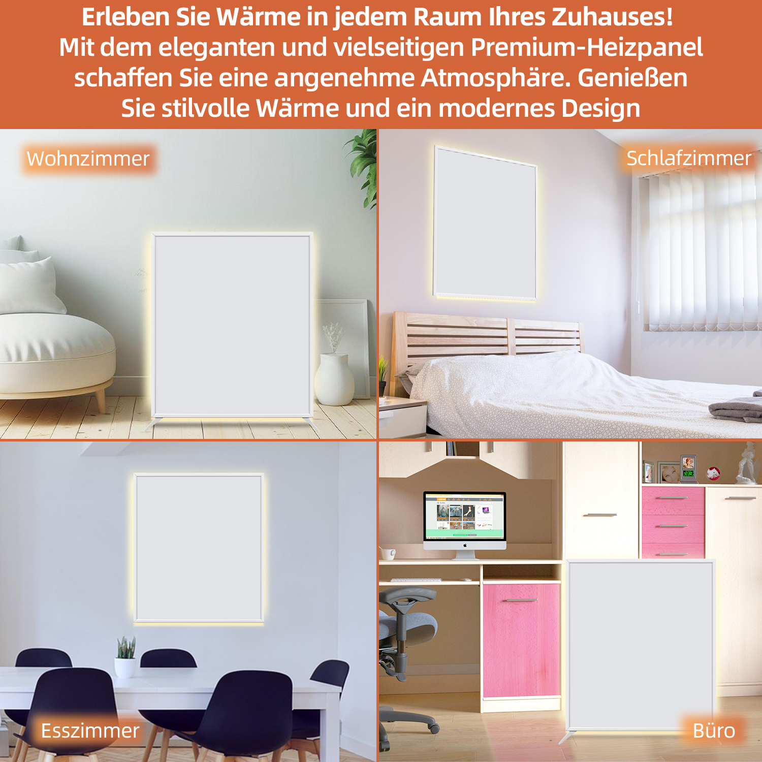 Zdjęcie przedstawia panele grzewcze w różnych pomieszczeniach: salonie, sypialni, jadalni i biurze, o nowoczesnych wzorach.
