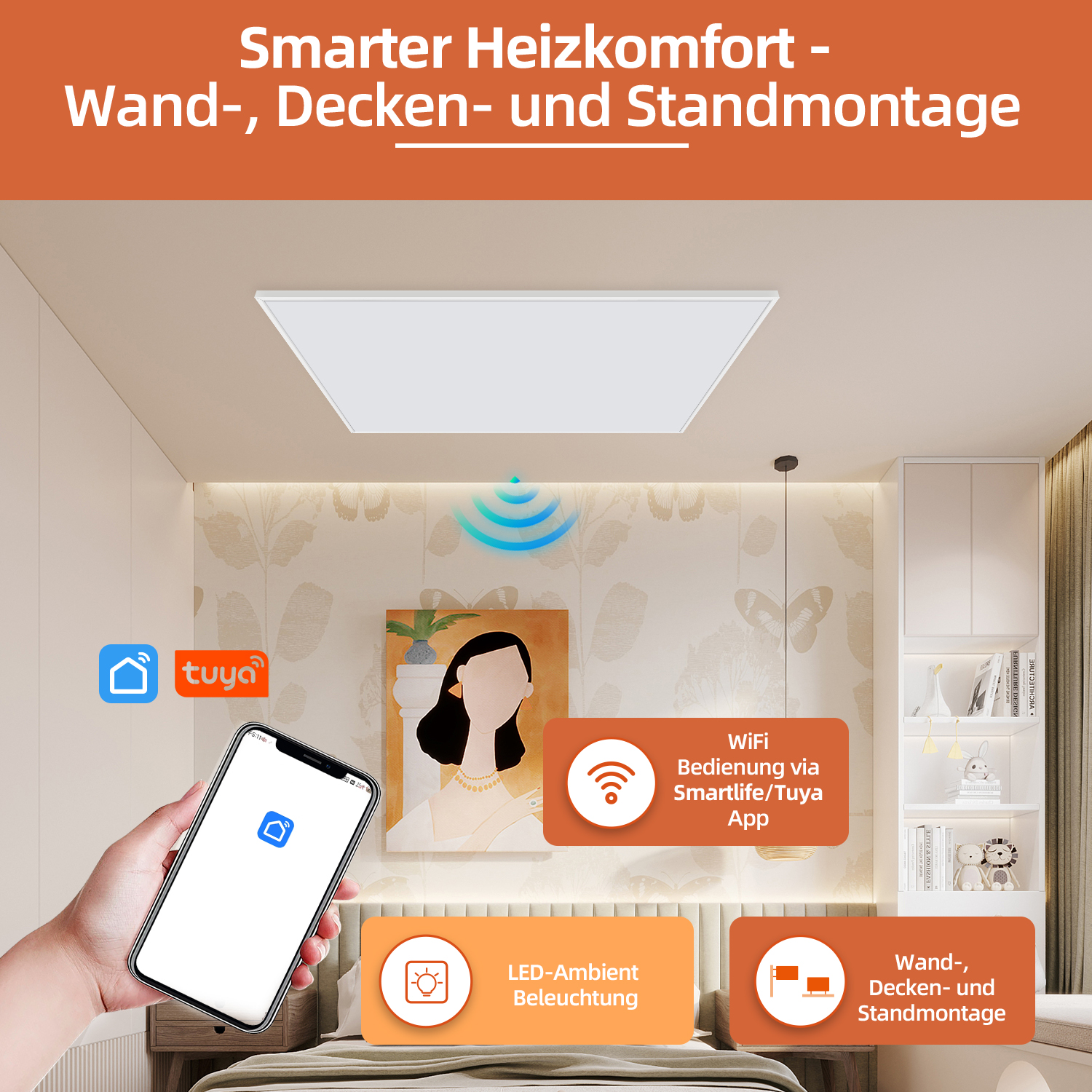 Ręka trzyma telefon z aplikacją. Białe światło panelowe jest na suficie. Inne szczegóły obejmują Wi-Fi, oświetlenie LED i montaż na ścianie.