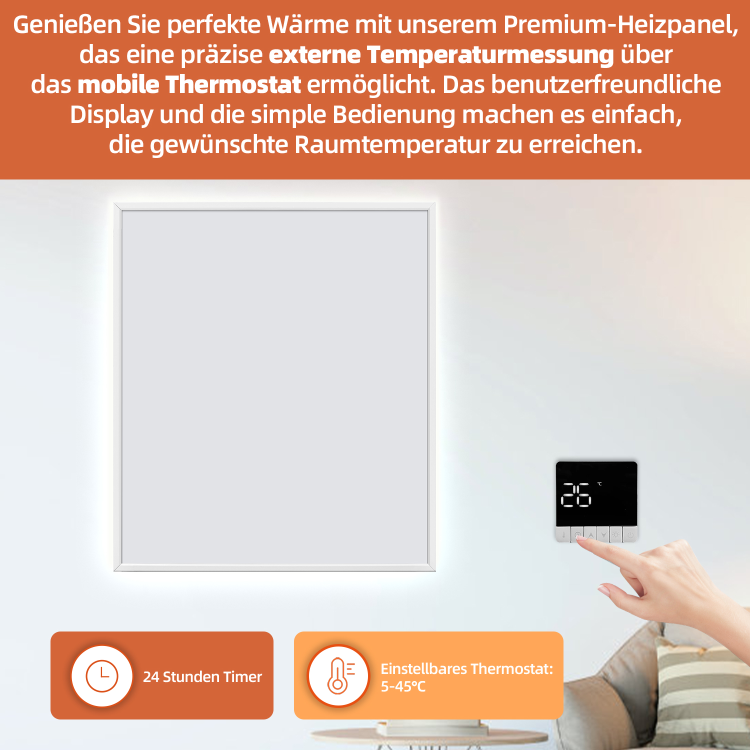 Biały panel na ścianie, czarny termostat z 26°C, dłoń regulująca. Tekst w języku niemieckim.
