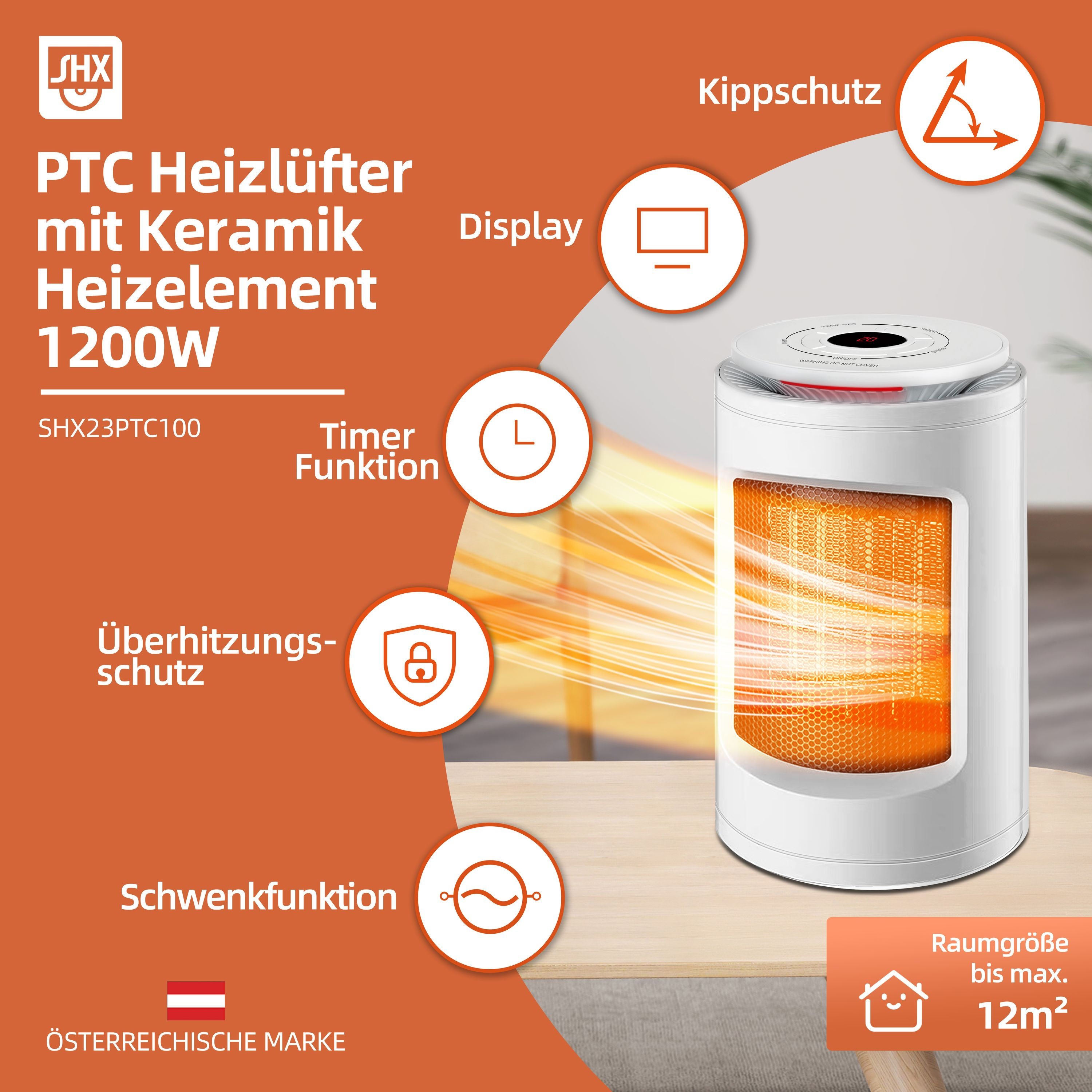 Weißer Keramikheizer mit orangefarbenem Glühen, verschiedene Funktionen werden angezeigt. Hintergrund ist orange, Produktspezifikationen und Diagramme.
