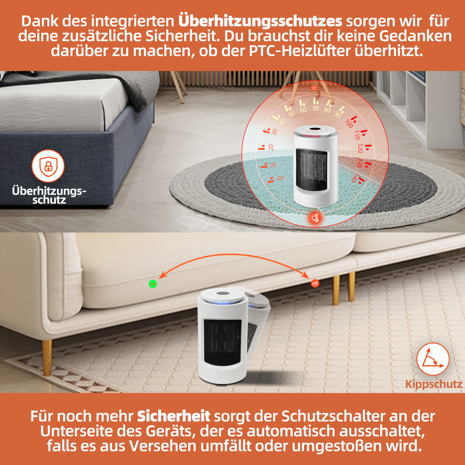 Weißer Heizlüfter auf Teppich, Sicherheitssymbole, Bett und Sofa im Hintergrund. Text über Überhitzungs- und Kippschutz.