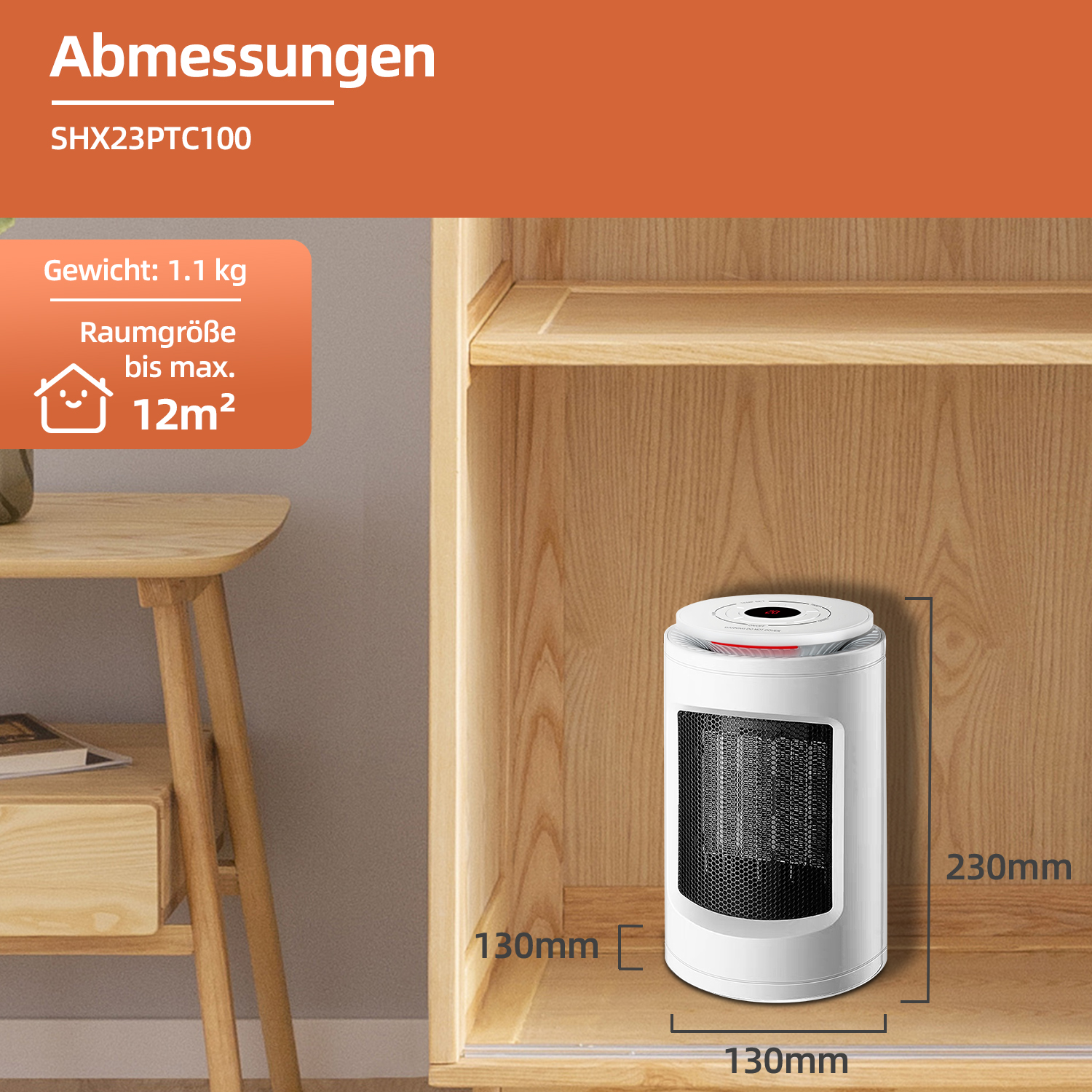 Ein weißer Heizlüfter steht in einem Holzschrank. Maße sind angegeben. Text enthält Gewicht und Raumgröße für den Heizlüfter.