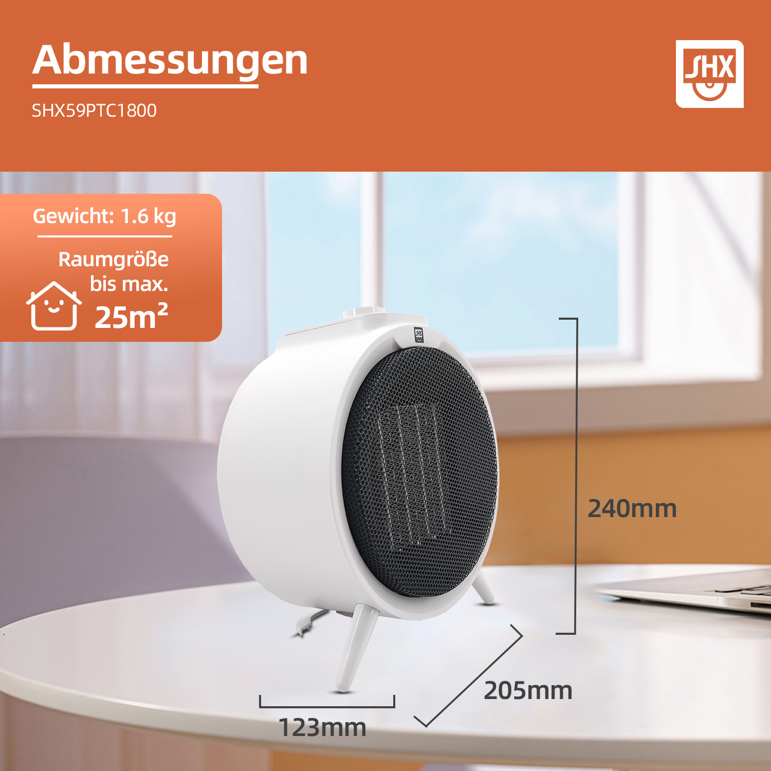 Weißer elektrischer Heizlüfter auf einem weißen Tisch. Abmessungen werden gezeigt. Die Raumgröße beträgt 25 m².
