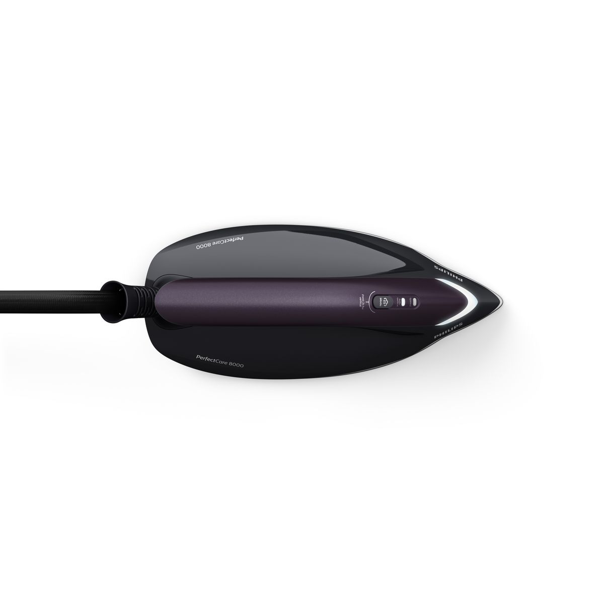 Philips PerfectCare 8000 ütüsünün üstten görünümü. Siyah ve mor tasarım, beyaz zemin üzerinde. Ütünün siyah bir sapı var.