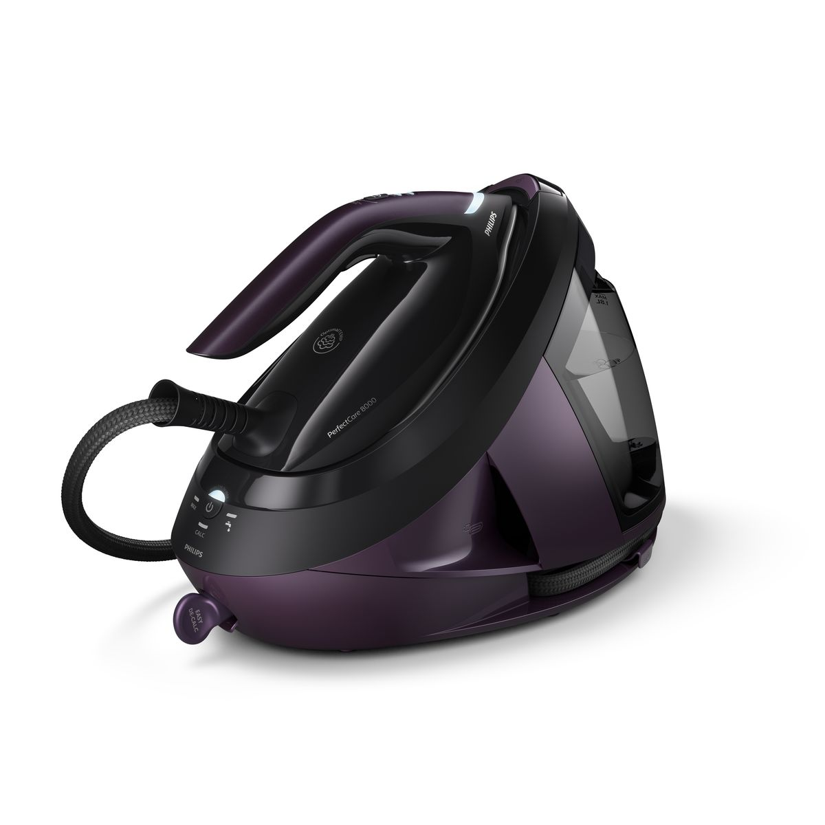 Beyaz zemin üzerinde mor ve siyah bir Philips PerfectCare 8000 ütü. Bir sapı, güç kablosu ve su tankı vardır.