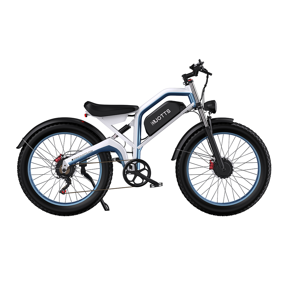 Bicicletta elettrica bianca e blu con pneumatici neri, batteria nera e marchio "DUOTTS" su sfondo bianco.