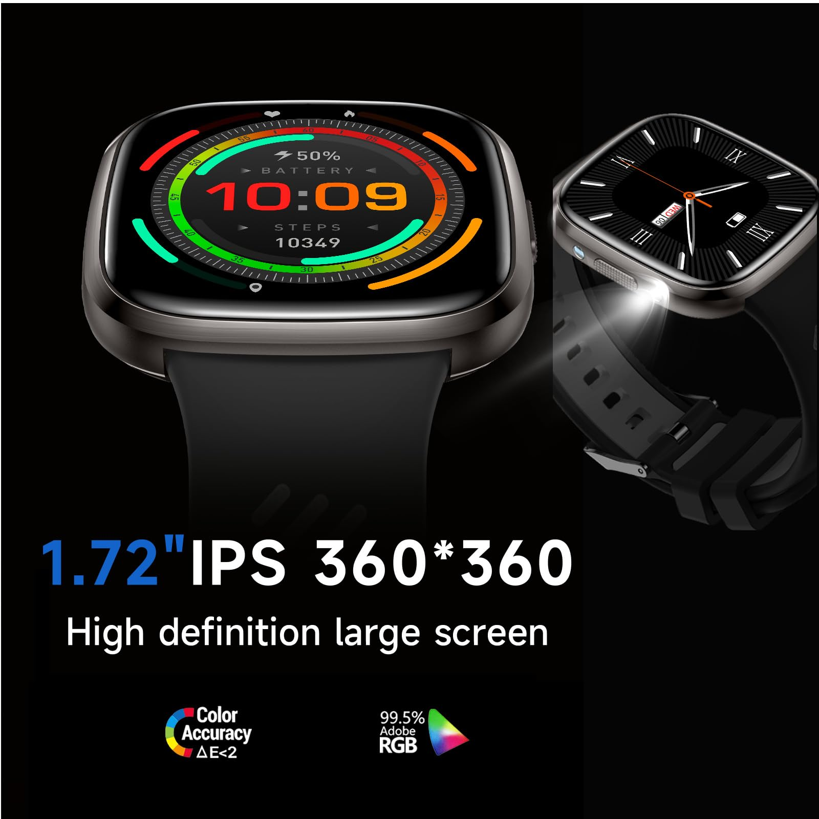 Smartwatch zeigt Zeit, Akku und Schritte an. Text: 1,72" IPS 360*360, hochauflösender Großbildschirm.