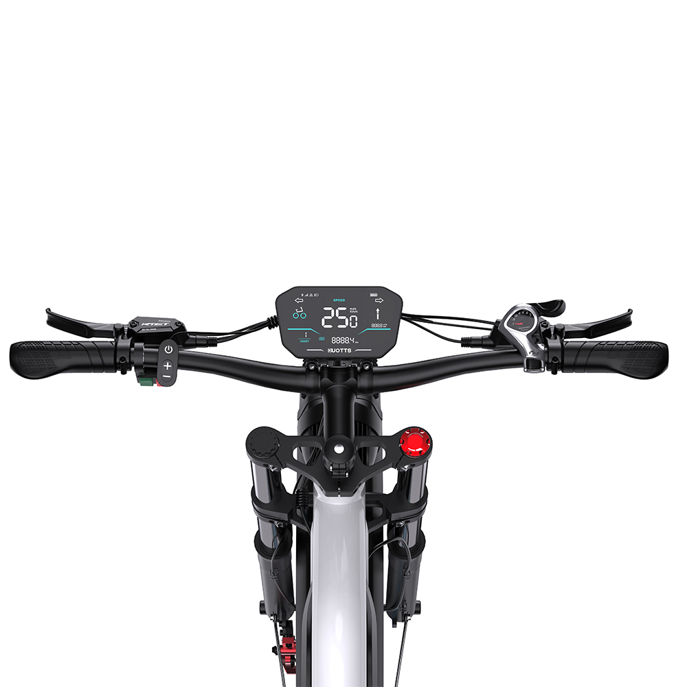 Manubrio e-bike con display digitale che mostra la velocità 250. Manubri neri con comandi, luce rossa e telaio bianco.