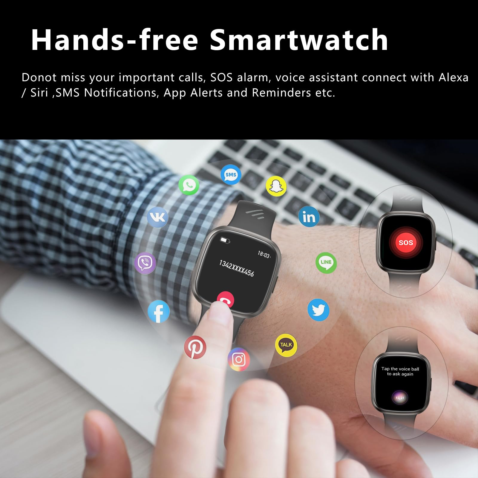 Handgelenk mit Smartwatch, Social-Media-Symbolen und Text. Ein Finger berührt den Bildschirm.