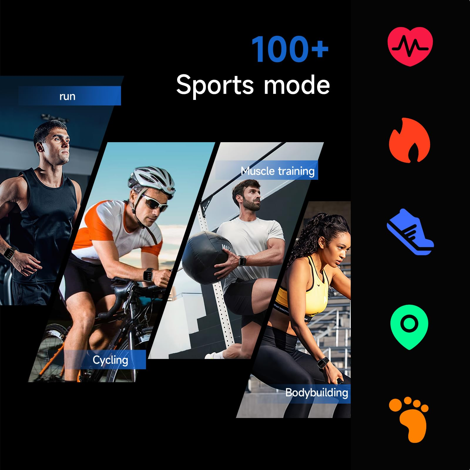 Das Bild zeigt Menschen beim Laufen, Radfahren, Muskeltraining und Bodybuilding. Der Text lautet '100+ Sportmodus'.