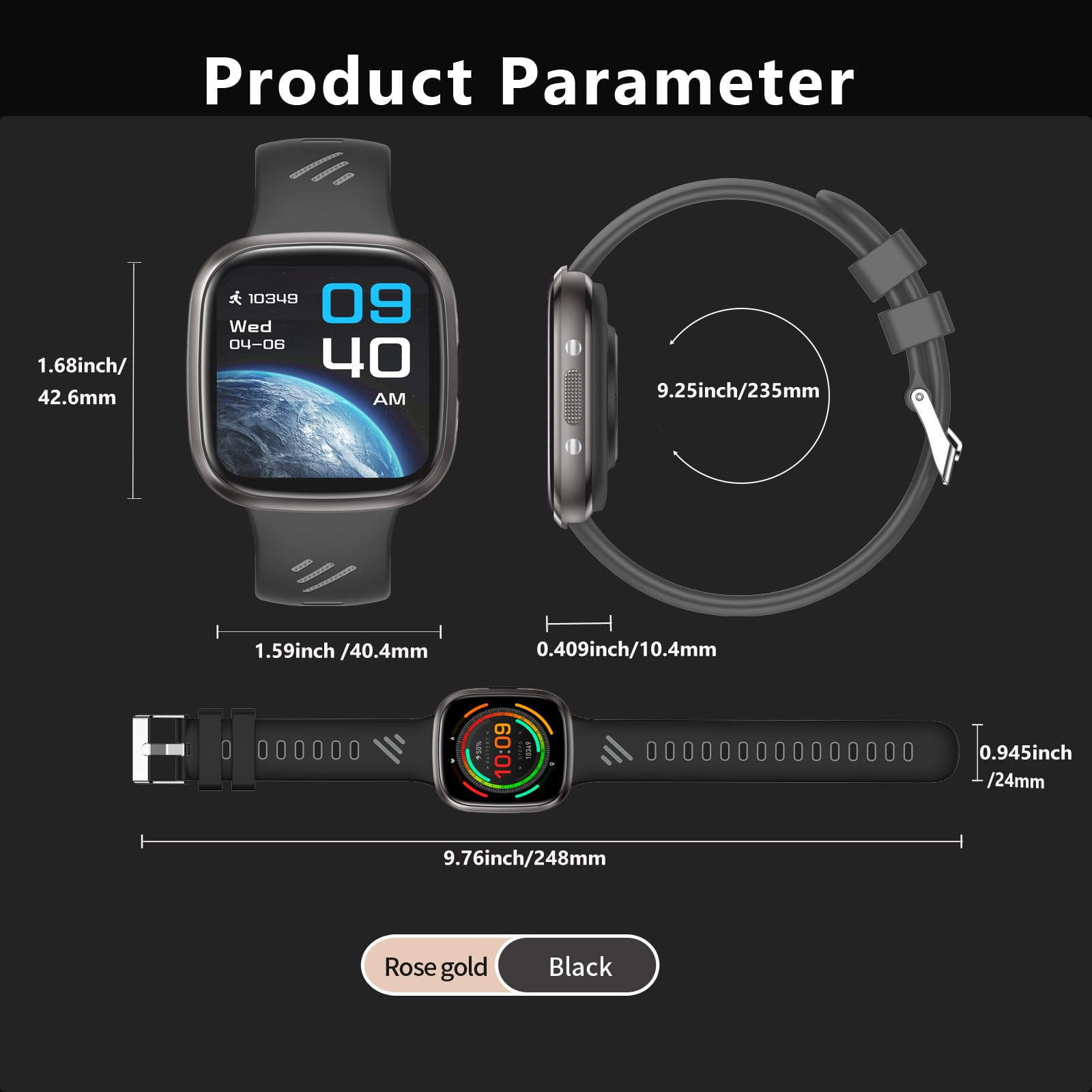 Parameteranzeige der Smartwatch. Zeigt Uhrzeit, Abmessungen und Farboptionen Roségold/Schwarz.
