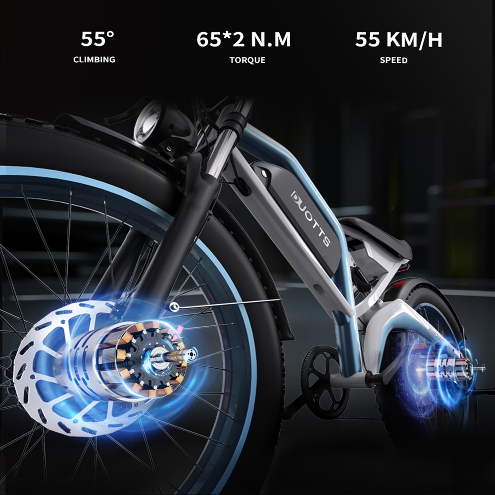 Una bicicletta elettrica con componenti meccanici evidenziati. Il testo mostra l'angolo di salita, la coppia e la velocità. Schema di colori blu e bianco.